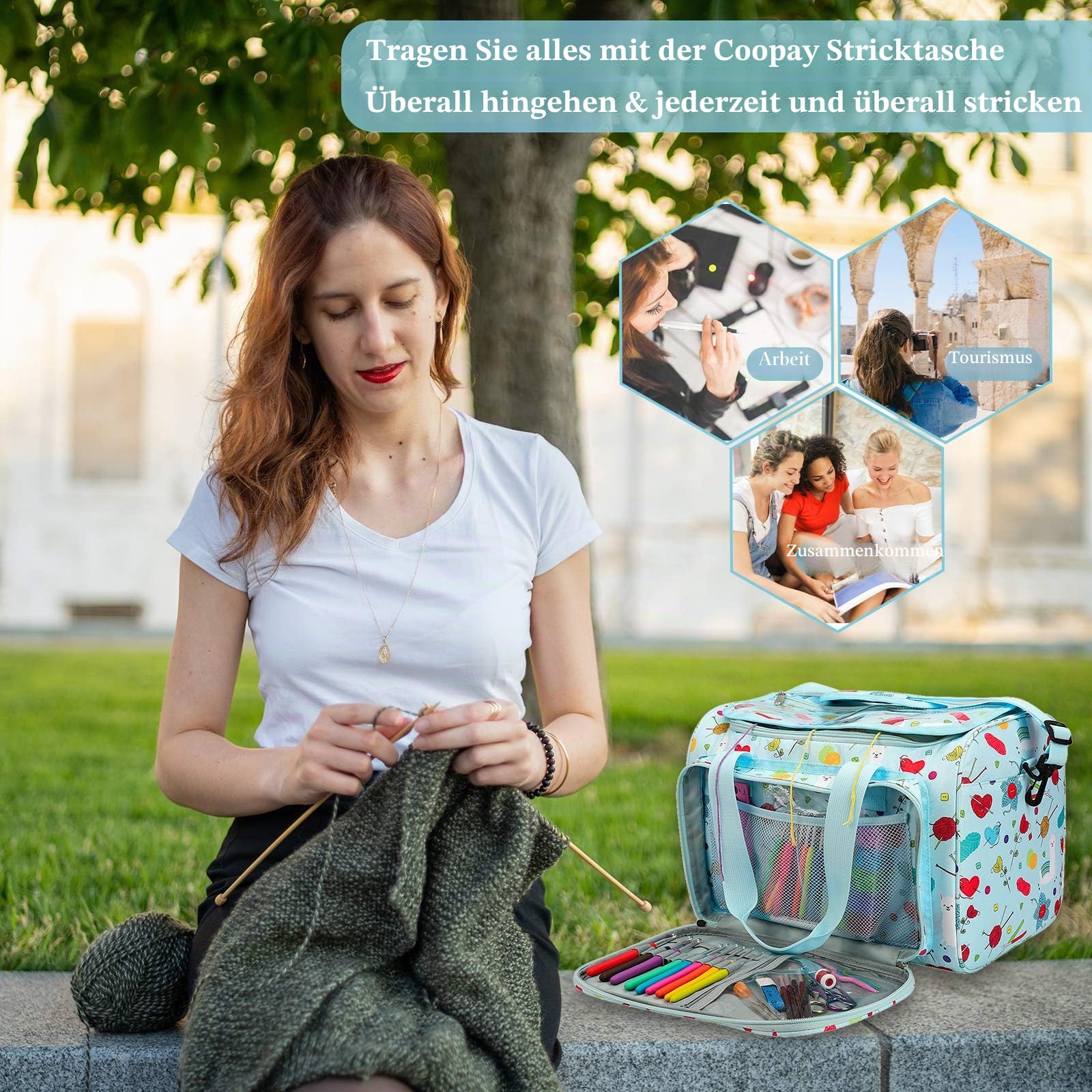 Coopay Garntasche, Basteltasche für Stricknadel-Set, Häkelset und Kreuzstich-Set zur Aufbewahrung, Garn-Organisierer für Anfänger und Profis, Oxford-Tuch, 38,1 x 27,9 x 25,4 cm