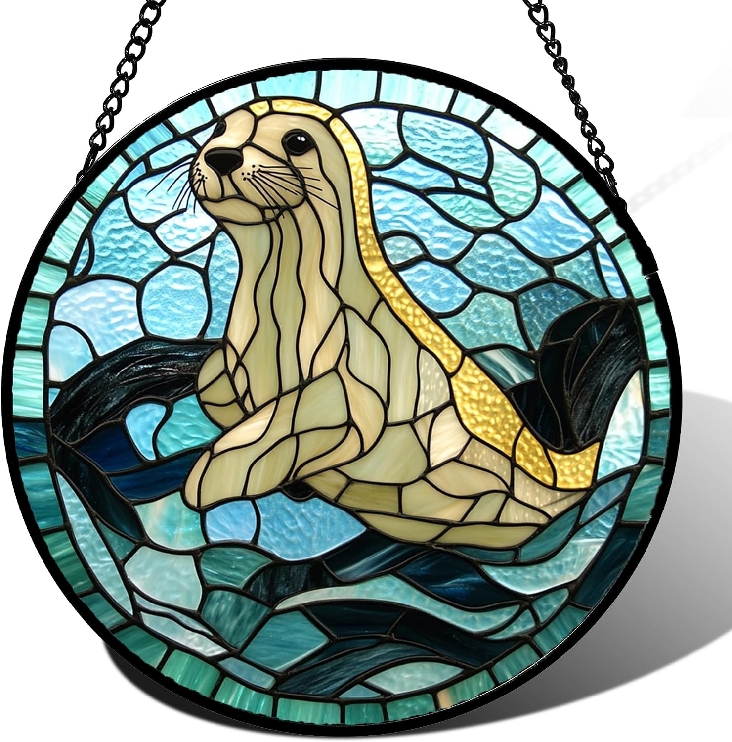 Stained Glass Window Hanging - Cute Seal Suncatcher for Door Garden Yard Marine Life Sun Catchers Decor Christmas Mother's Day Birthday Children's Gifts for Women Mom Nana Friend 9.8 in