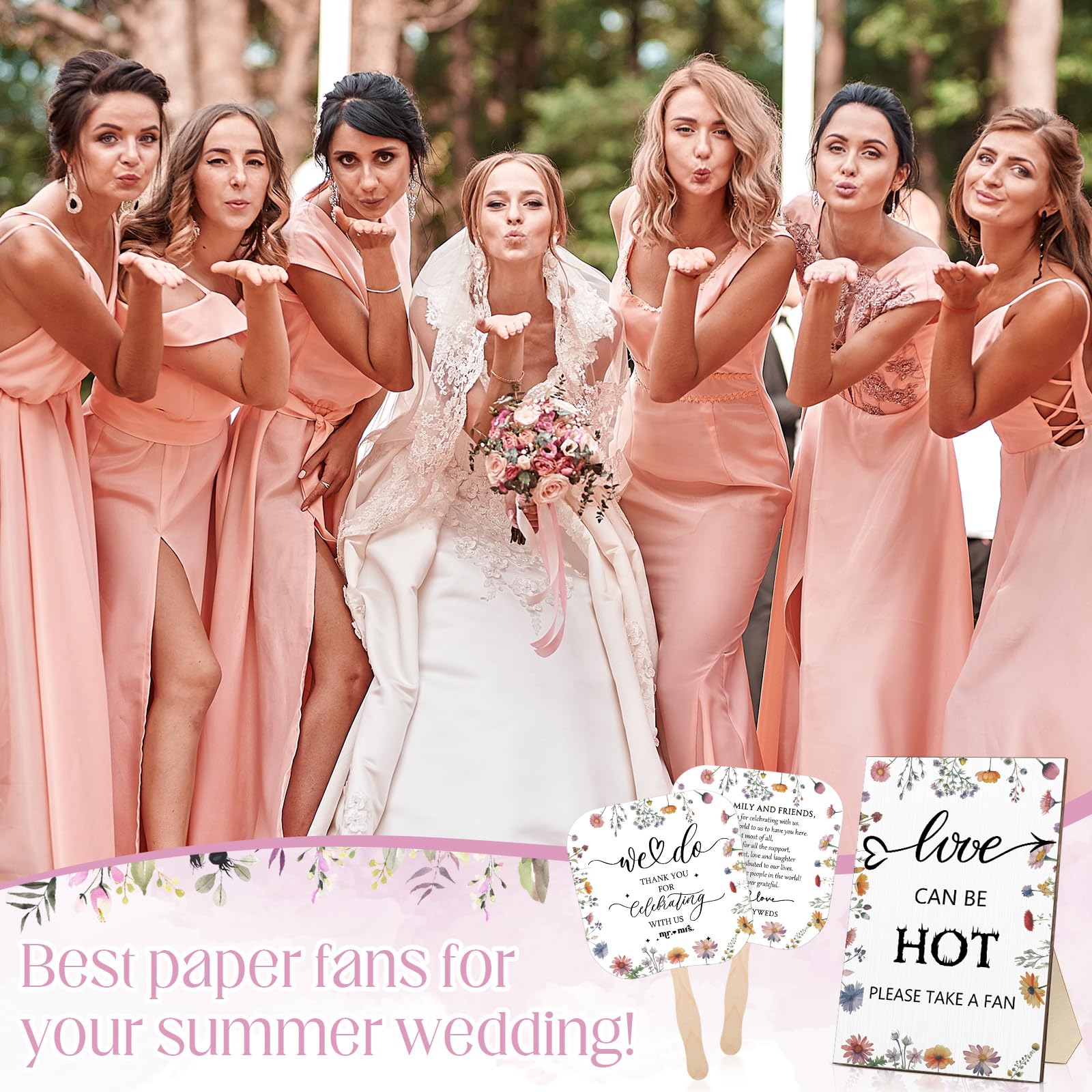 Fumete Hochzeitsfächer für Gäste, 50 Stück Hochzeitsfächer und 1 Stück Hochzeitstischschild, tragbarer Papierfächer mit Holzgriff, Handfächer für Hochzeit, Brautparty, Party, Gastgeschenk