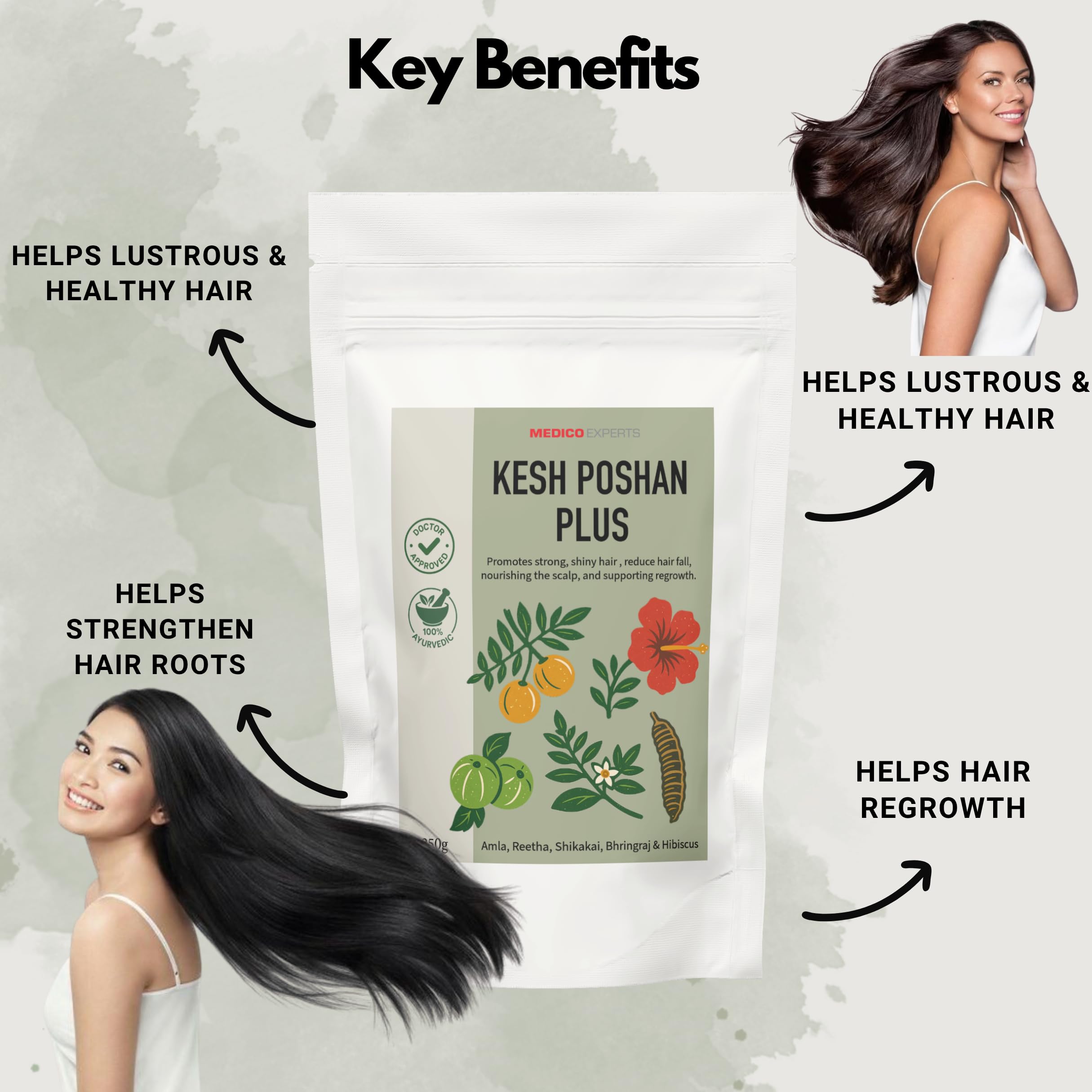 MedicoExperts KeshPoshan Plus (250gm) Bringraj Powder,Hibiscus Powder, Amla, Shikakai, Reetha Hair Pack for Hair Growth & Shine, HairFall, Split Ends, Dryness - Anti-Dandruff 1