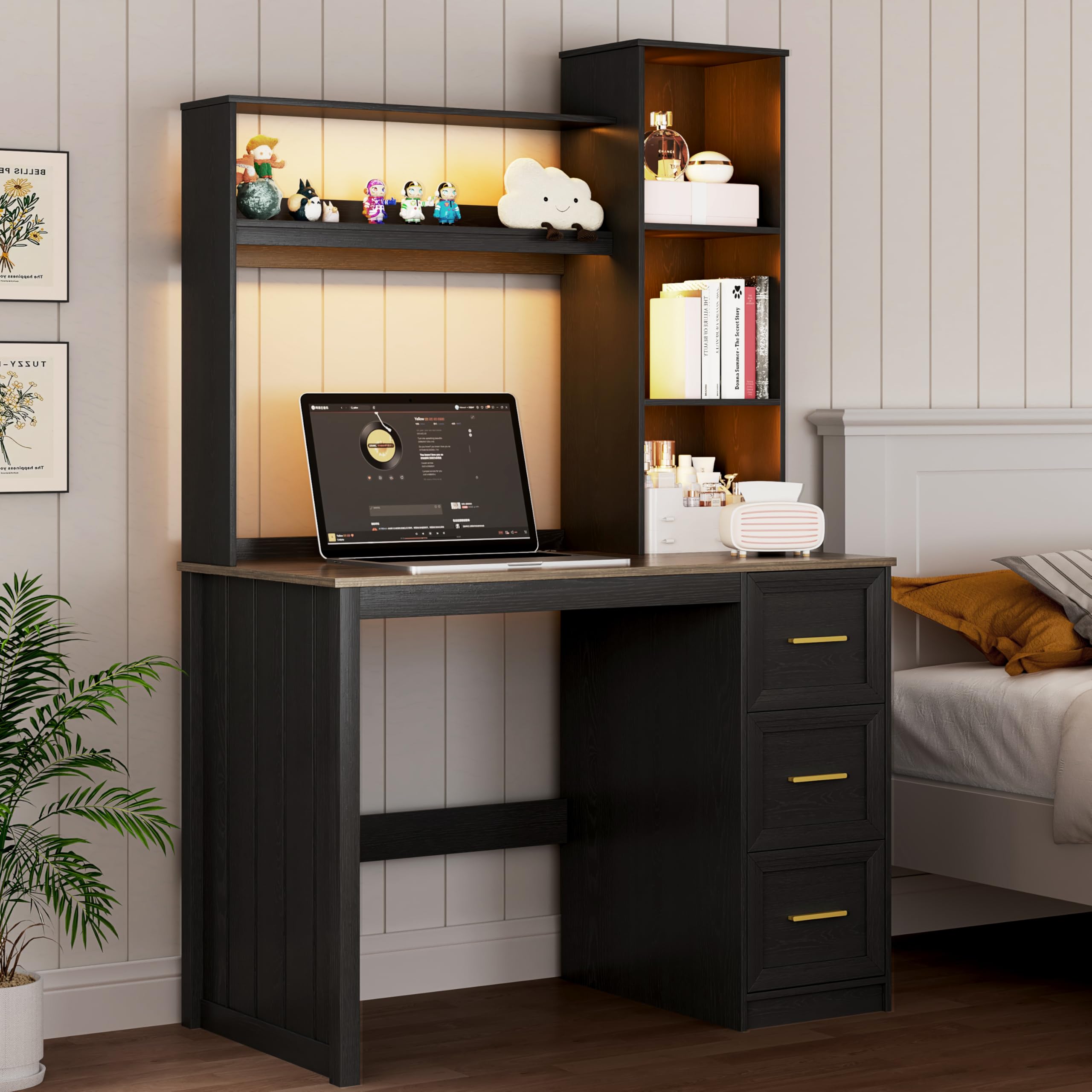 Gurexl 66″ Computer Desk with 2 Power Outlet and LED Lights,Work Desk with 3 Drawers and Shelves,Study Workstation with USB Ports for Write,Play,Home Office, Living Room, Bedroom,Black