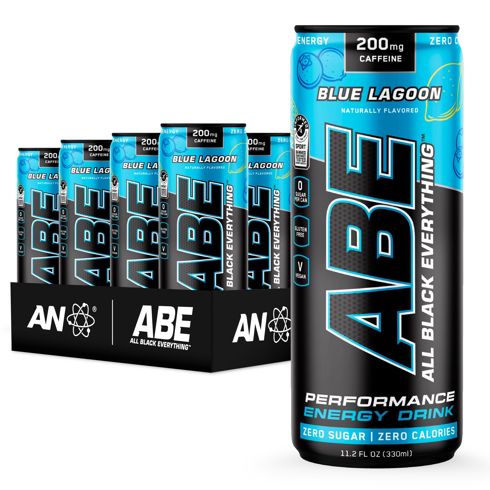 All Black Everything Sugar Free Energy Drink | Blue Lagoon | 0 Calories | 12 Pack | 200mg Natural Caffeine | Pre-Workout Sport Drink for Men and Women