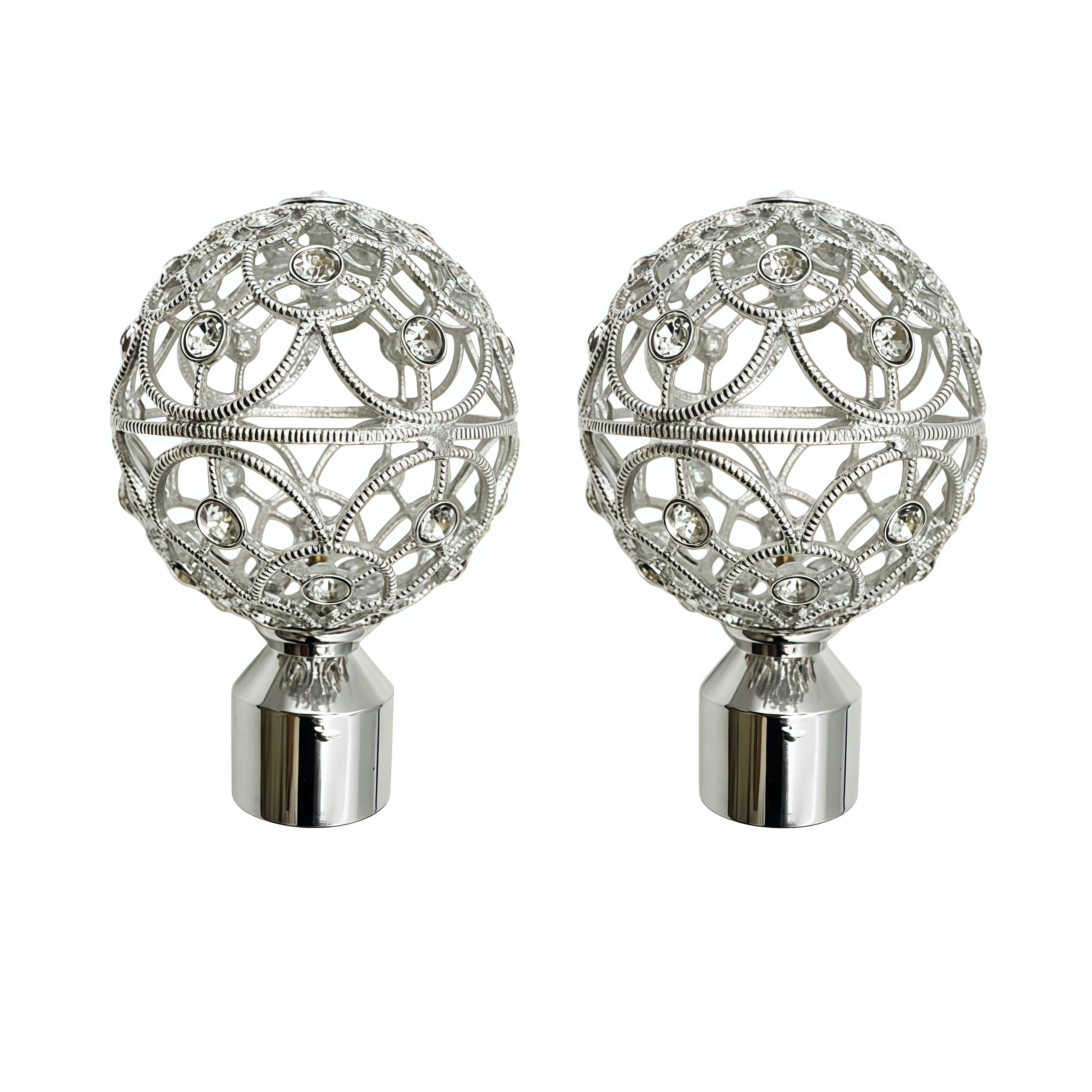 Vbnexyr Silver Minimalist Base Curtain Pole Ends Finials 2 Piece Set Of Fan Shaped Hollowed Out Rhinestone Studded Spherical Curtain Rod Decorative Heads And Curtain Garters Simple Silver Base 25Mm