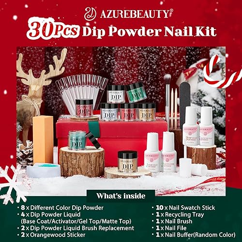 Miniatura 7 de AZUREBEAUTY Juego de 30 piezas de polvo de inmersión para uñas, 8 colores, verde, rojo, dorado, plateado y blanco, con palitos para muestras de