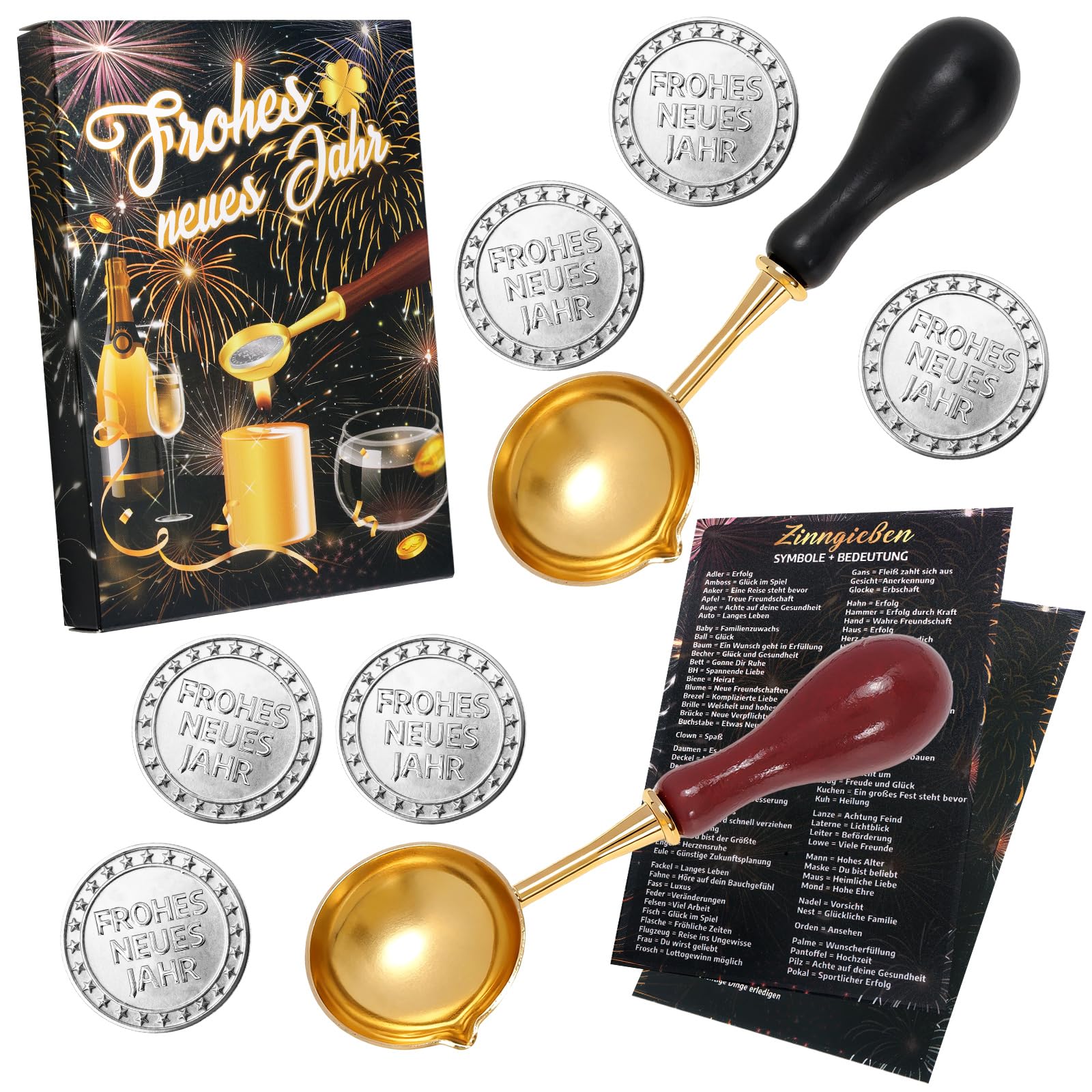 Juego De Fundición De Estaño De Año Nuevo – 12 Figuras De Metal Y 2 Cucharas, Con 6 Moldes Clásicos (estrella, Herradura, Cerdo, Trébol, Mariquita Y Seta), Para Rituales De Predicción Familiar