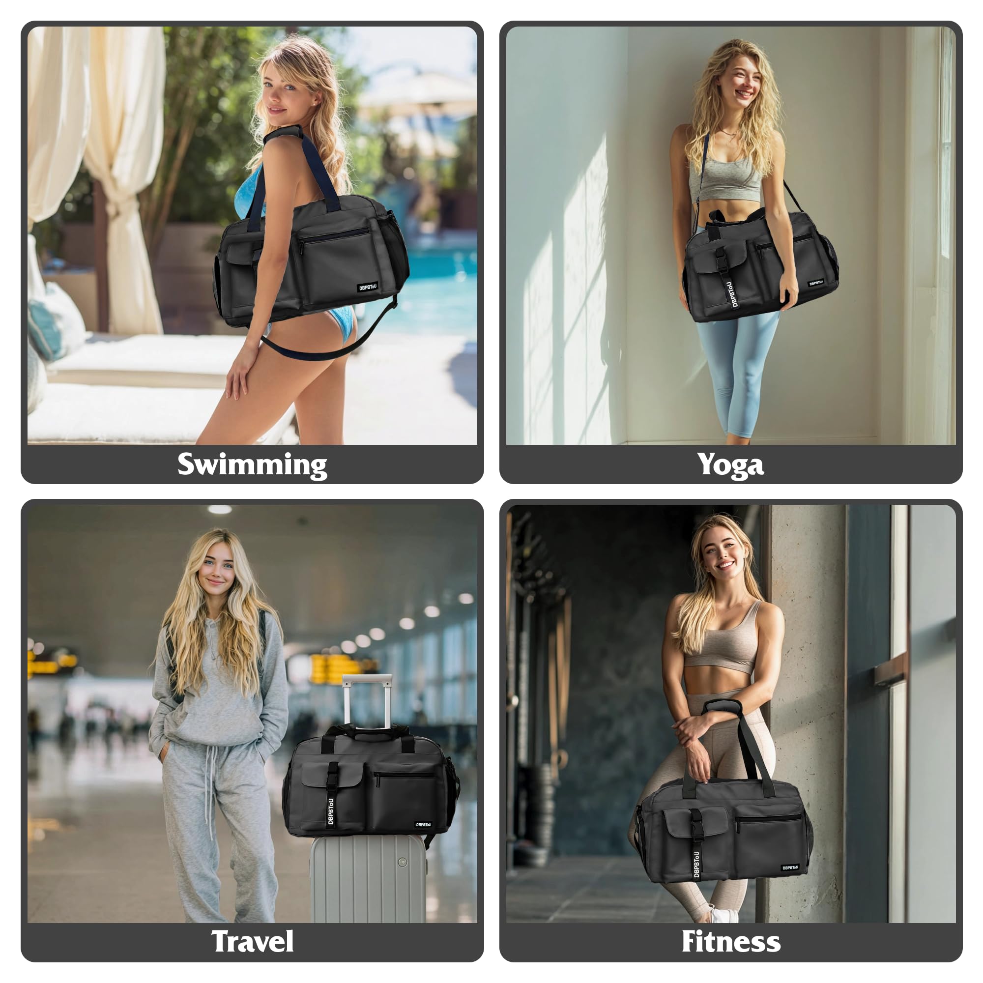 Sac de Sport Femme Homme, Sac Sport avec Compartiment à Chaussures de Ventilation, Sac de Voyage Femme Imperméable avec Compartiment Humide (Noir)