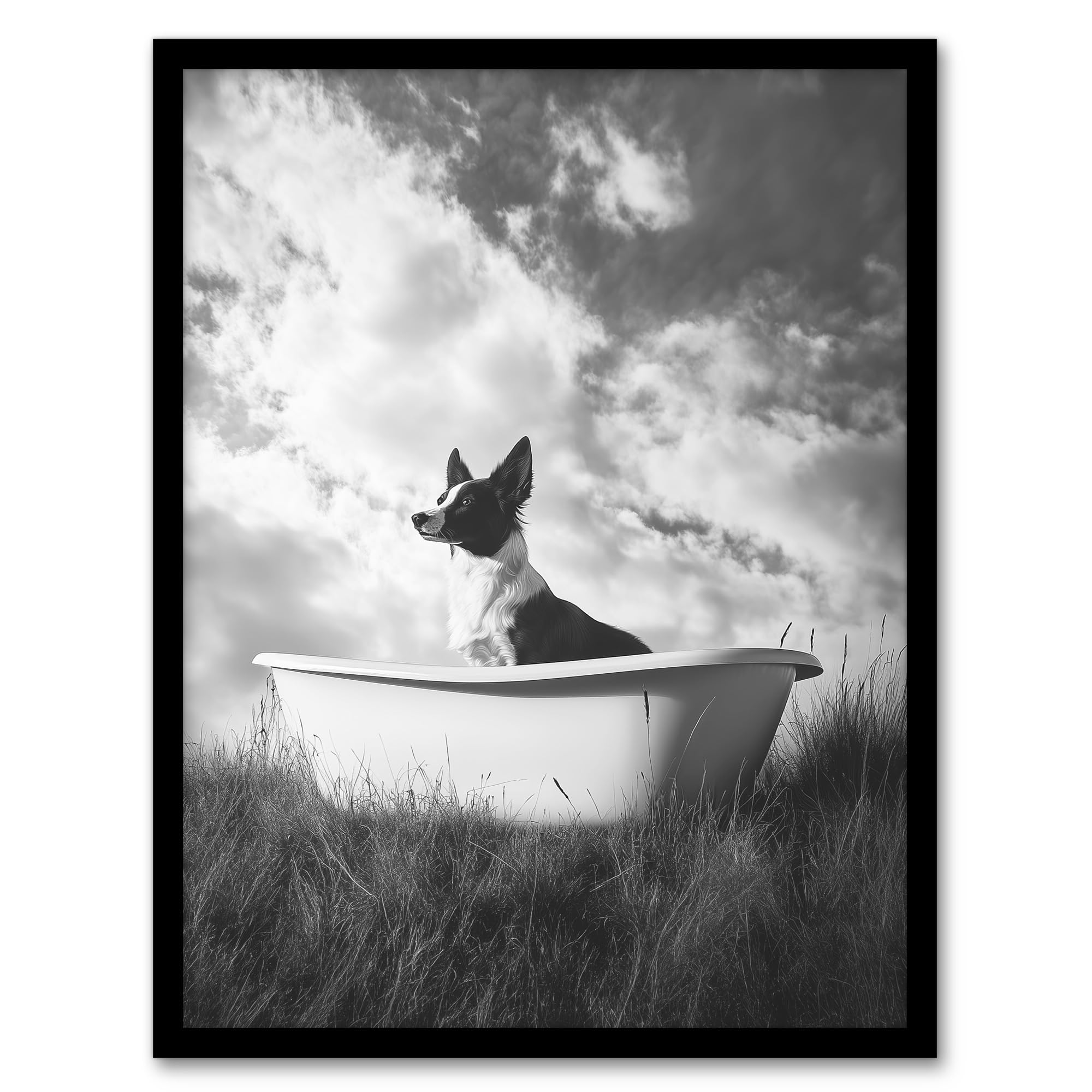Artery8 Collie in a Bathtub Black White Surreal Dog Lover Living Room Artwork Framed Wall Art Print A4