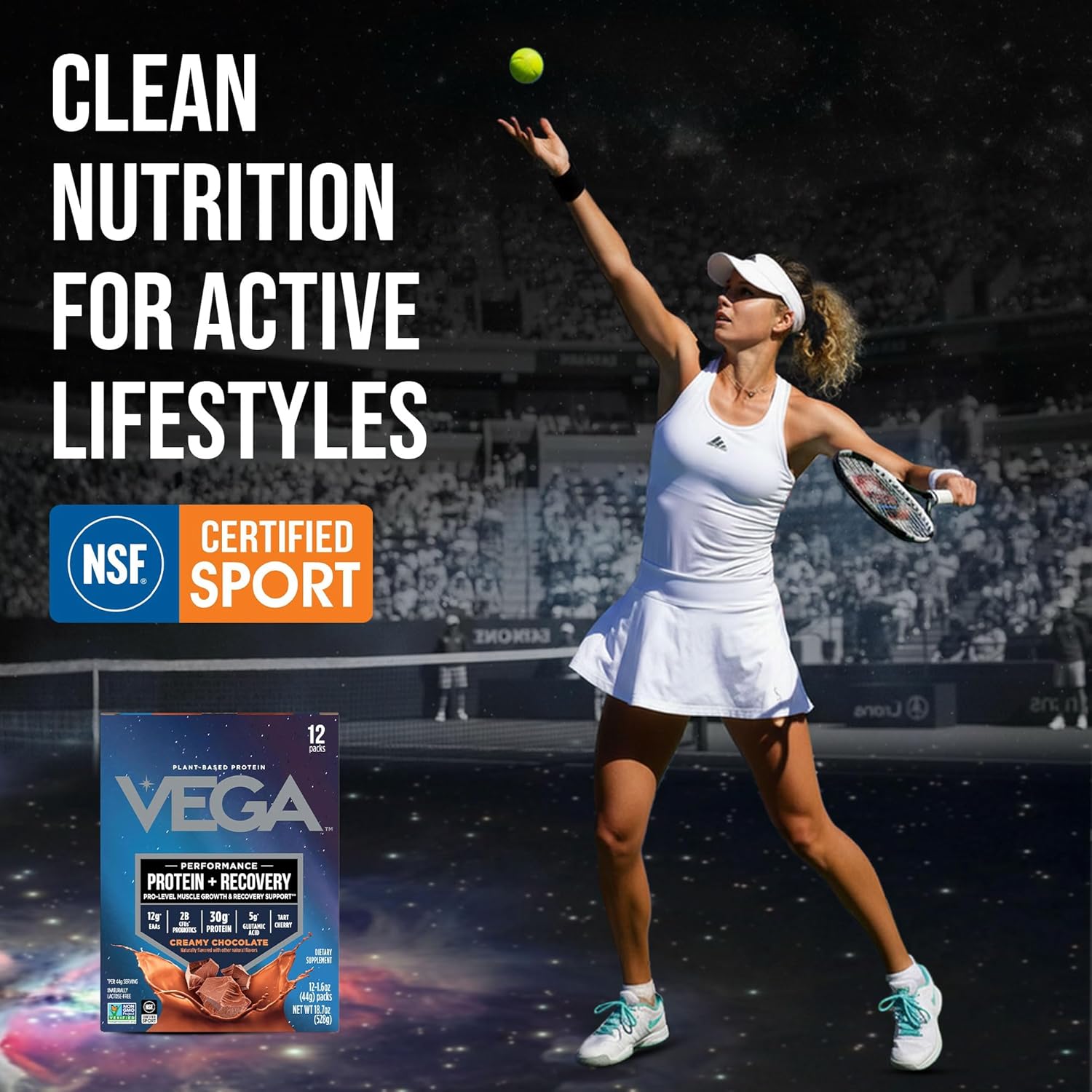 Vega Protein + Recovery, Chocolate – 30g Vegan Protein, Dairy & Gluten Free, Probiotics, NSF Certified, 12 x 1.6 oz Packets (12 Servings)