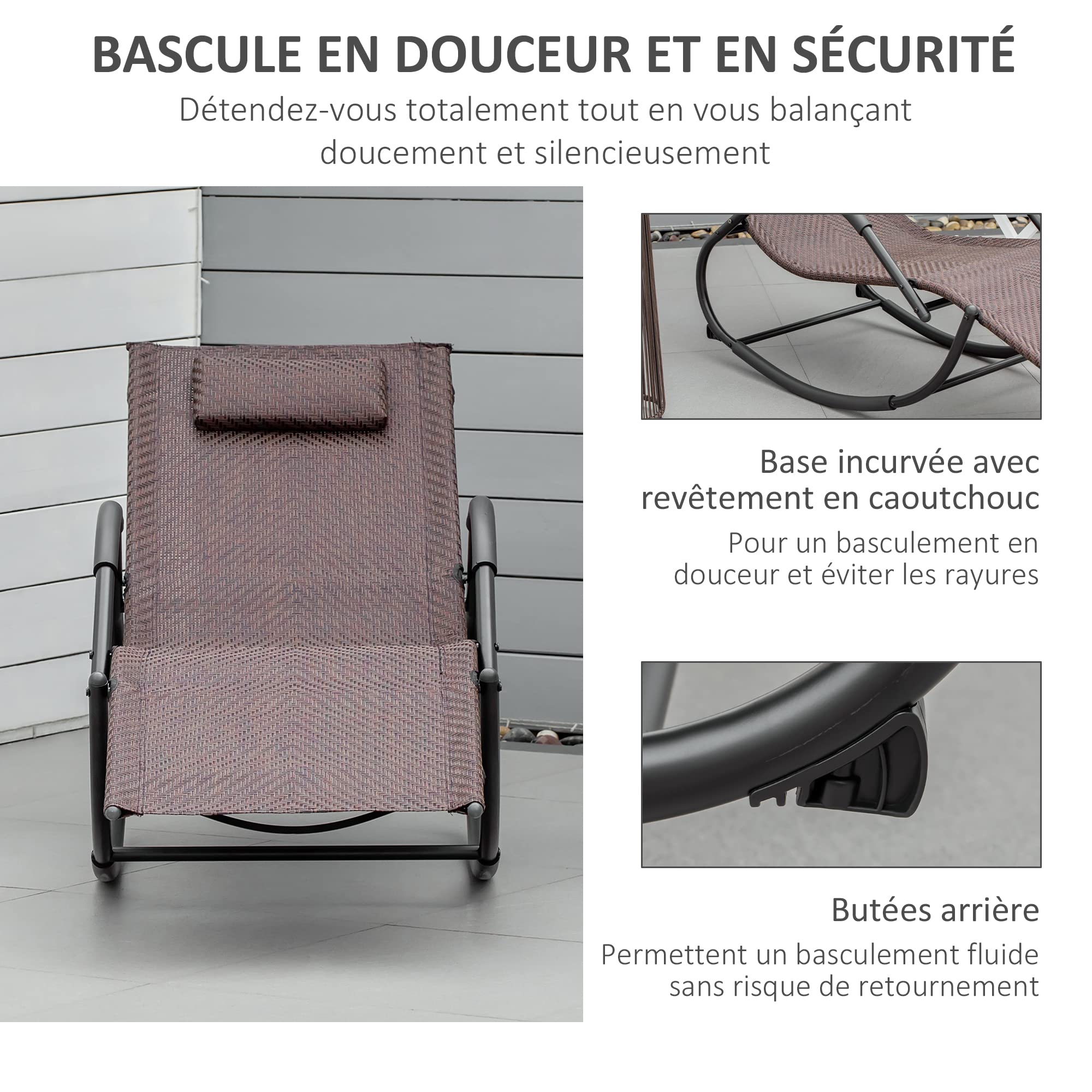 Outsunny Chaise Longue à Bascule Rocking Chair Ergonomique avec tétière Amovible accoudoirs et Repose-Pieds revêtement texitlène Imitation rotin métal 60 x 157 x 84 cm Brun