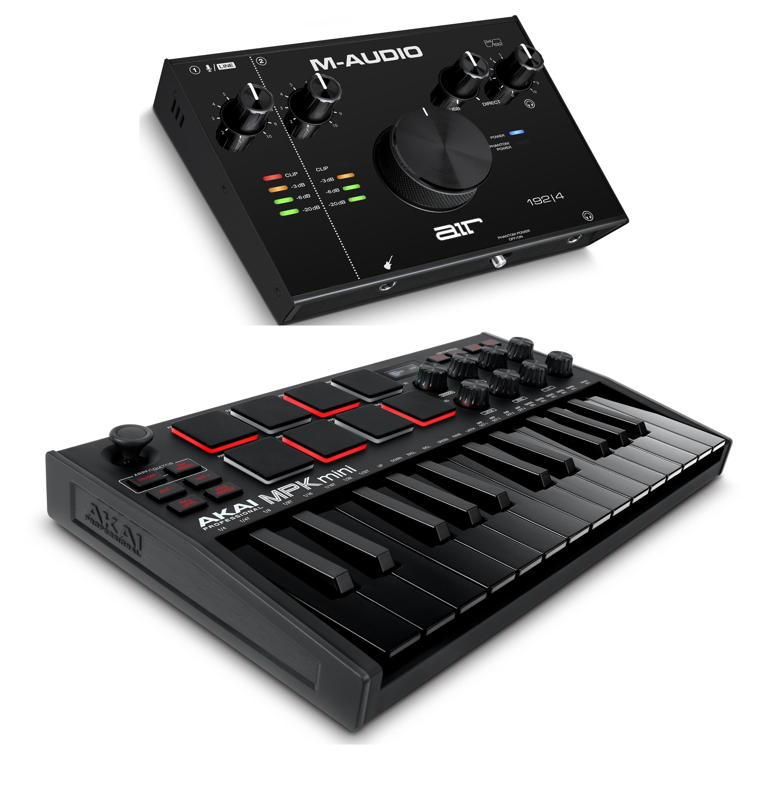 Recording Studio Package - Akai Professional MPK Mini MK3 USB MIDI Keyboard Controller and M-Audio AIR 192I4 Audio Interface, with Production Software, black