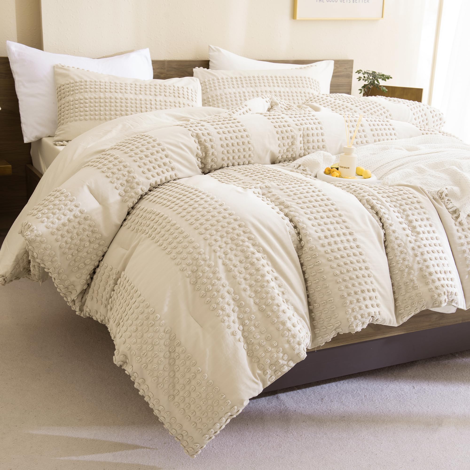 Andency King Size Comforter Set Beige, 3 Pieces Boho Vintage Solid Bedding Comforter Sets for ...