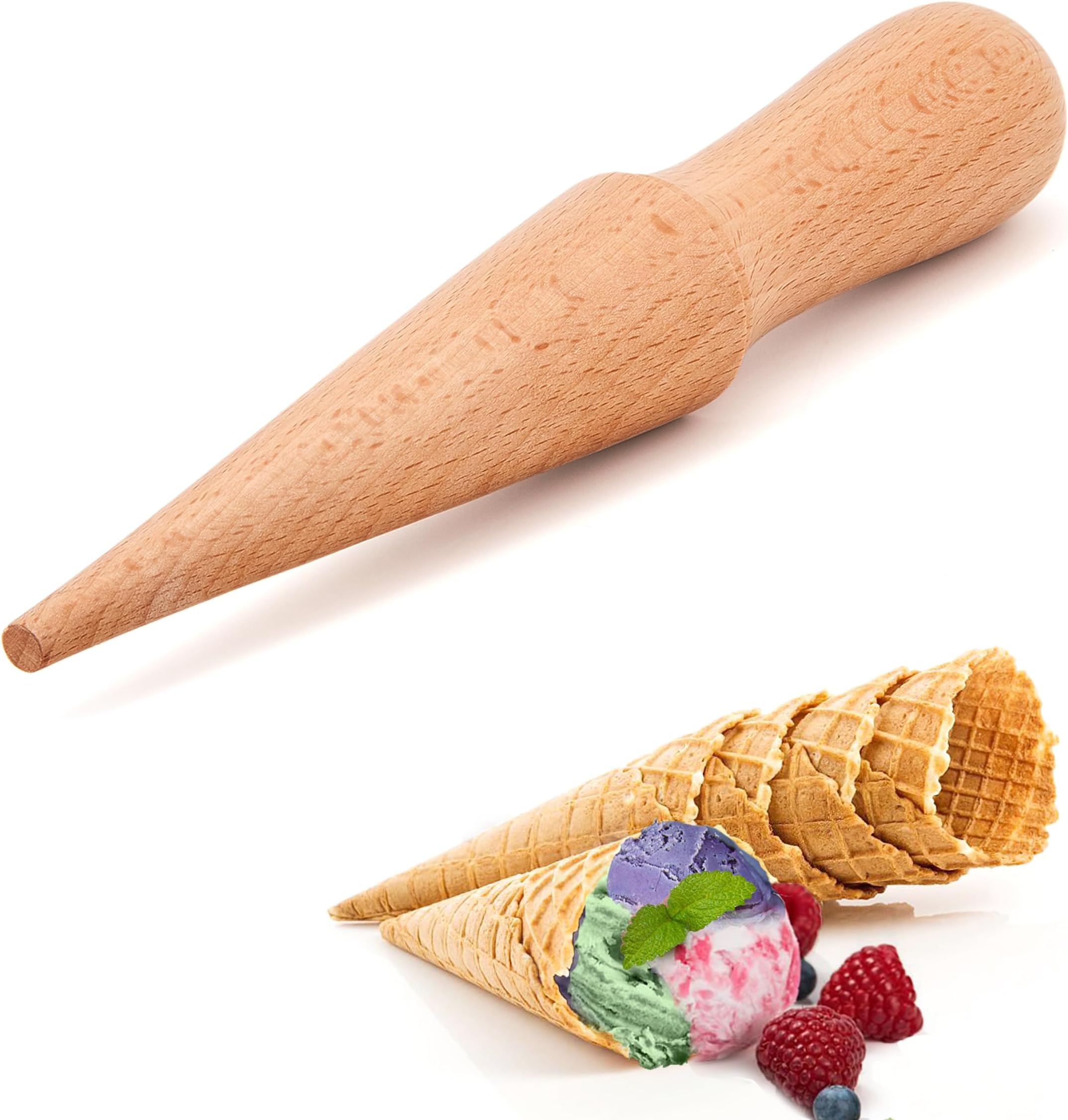 Ice Cream Waffle Cone Roller – 8.6 Inch Strong & Smooth krumkake cone roller - Wooden Pizzelle Cone Mold – Non-Slip Handle Waffle Cone Shaper Tool