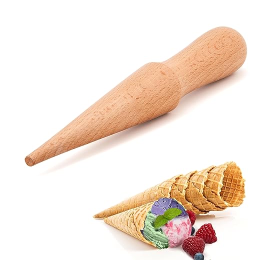 Ice Cream Waffle Cone Roller – 8.6 Inch Strong & Smooth krumkake cone roller - Wooden Pizzelle Cone Mold – Non-Slip Handle Waffle Cone Shaper Tool – By MaxoPro