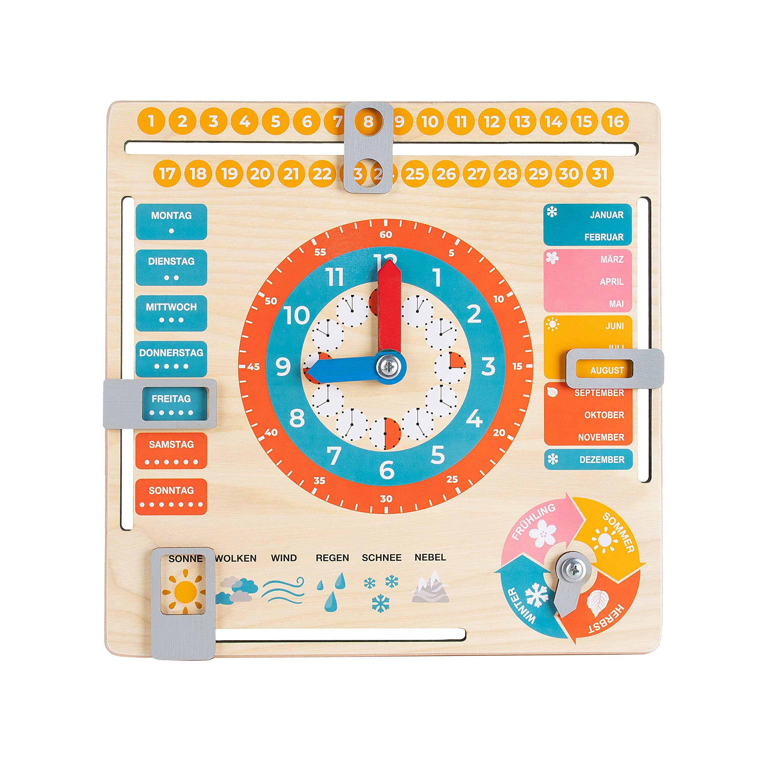 FANCY Orologio educativo per bambini, in legno, per bambini, in legno, per imparare l'ora, la data, i giorni della settimana, i mesi, le stagioni e le condizioni meteorologiche, a partire dai 3 anni