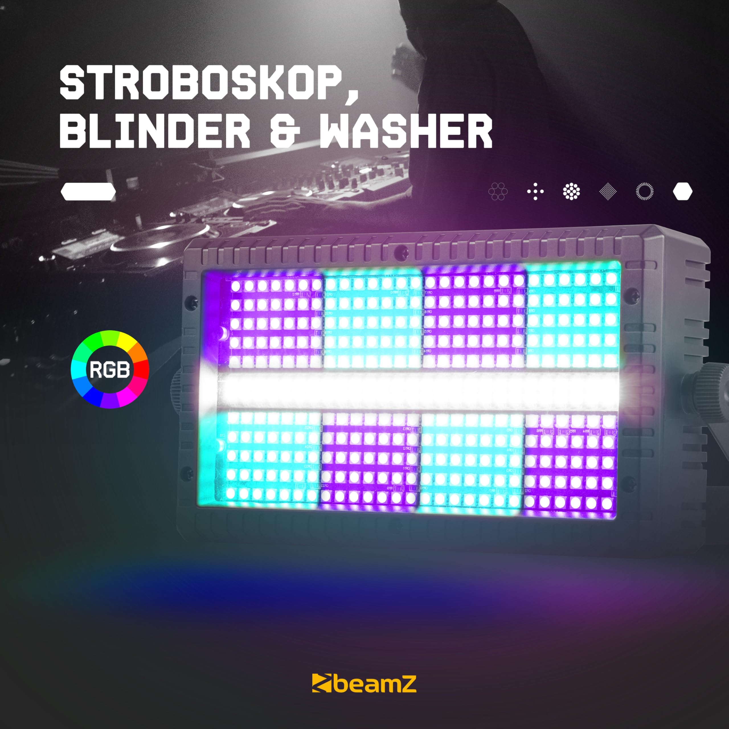 BeamZ BS336 - Stroboskop Blitzer, Blinder Wash Kombi mit RGBW LEDs – 3-in-1 LED Lichteffekt, Fernbedienung, DMX Steuerung, Disco Licht & Party Lichter für Events, Clubs & Partys
