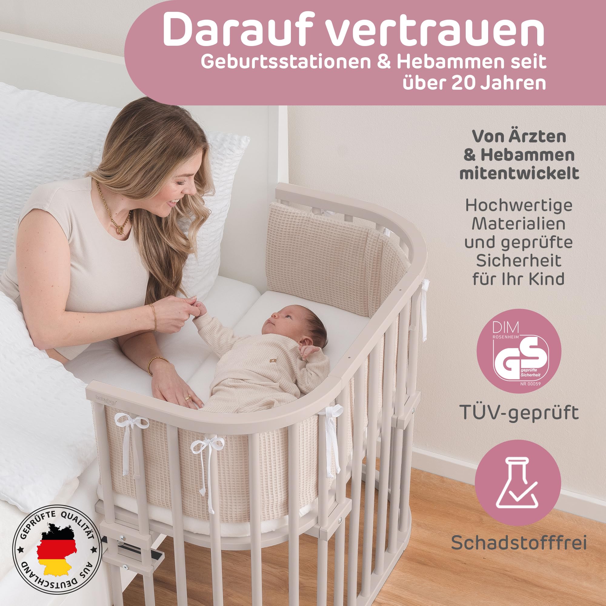 babybay Maxi bardzo duże łóżko dostawiane z litego drewna bukowego/łóżko dziecięce, wysokość regulowana bezstopniowo i przyjazna dla środowiska, z materacem Classic Soft (beżowe lakierowane)