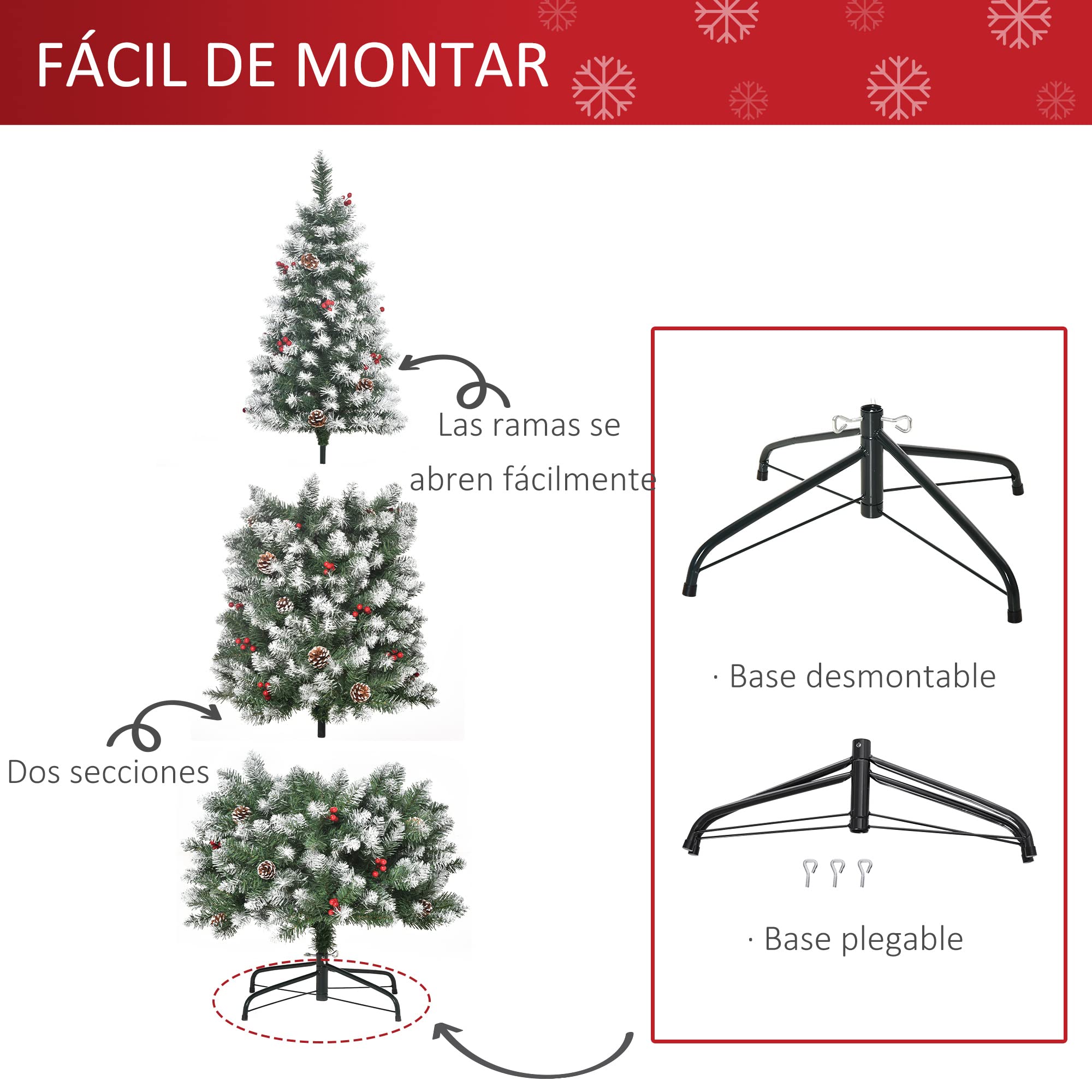 HOMCOM Árbol de Navidad Plegable 180 cm con Nieve 618 Ramas 30 Bayas 34 Piñas Hojas Apertura Automática y Soporte Metálico Decoración Navideña para Interior Verde