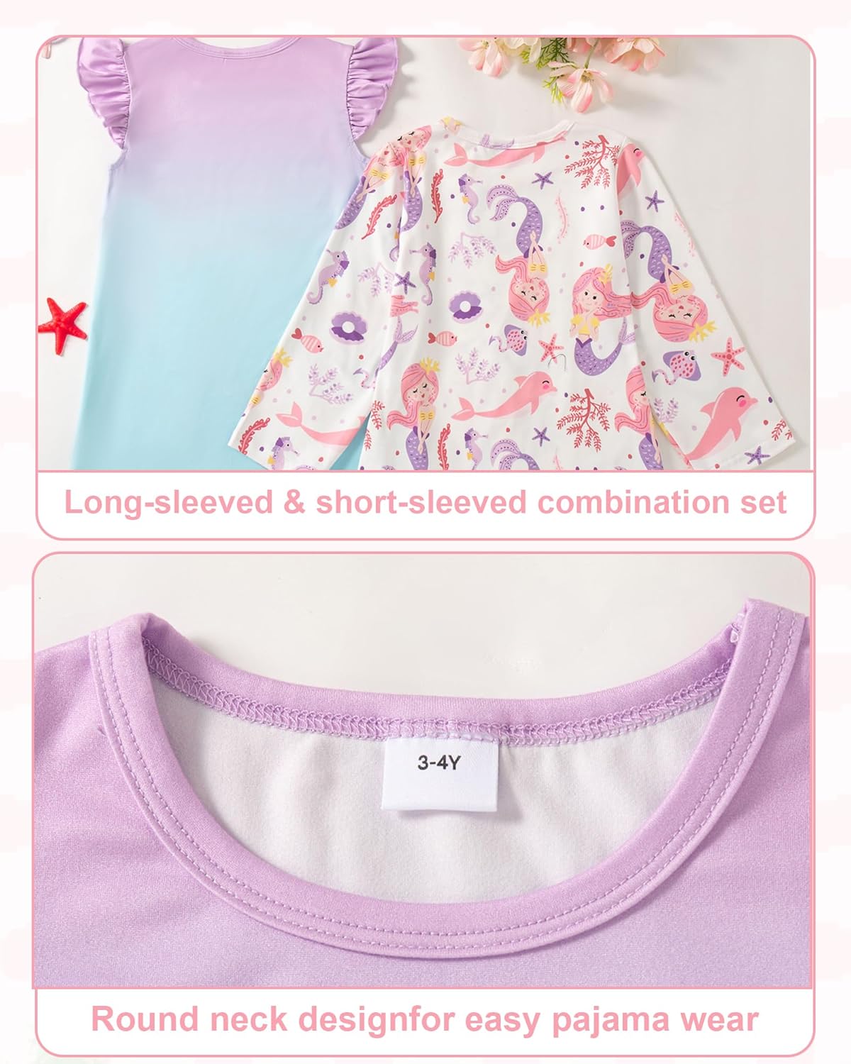 Mikrdoo 2Pcs Girls Nightgowns Kids Pajamas Flutter Sleeves Nightdress Nightie Dress Sleepwear for Toddler Little Girls - Image 4