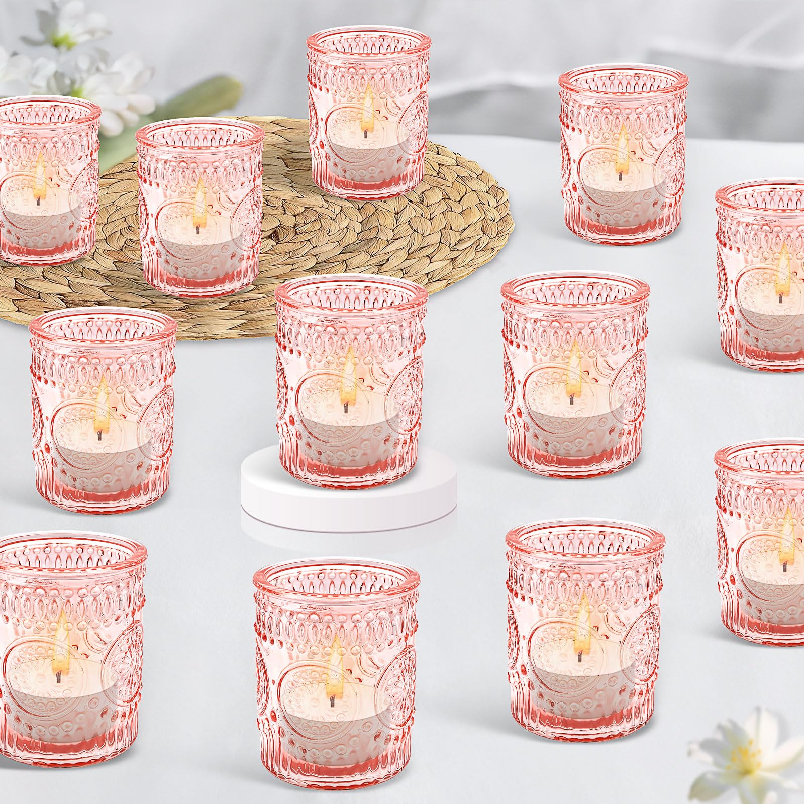 Lot de 24 Rose Photophores en Verre – Bougeoirs Vintage pour Bougies Chauffe-Plat, Déco de Table pour Mariage, Anniversaire, Maison, Fête et Centre de Table (Pilier)