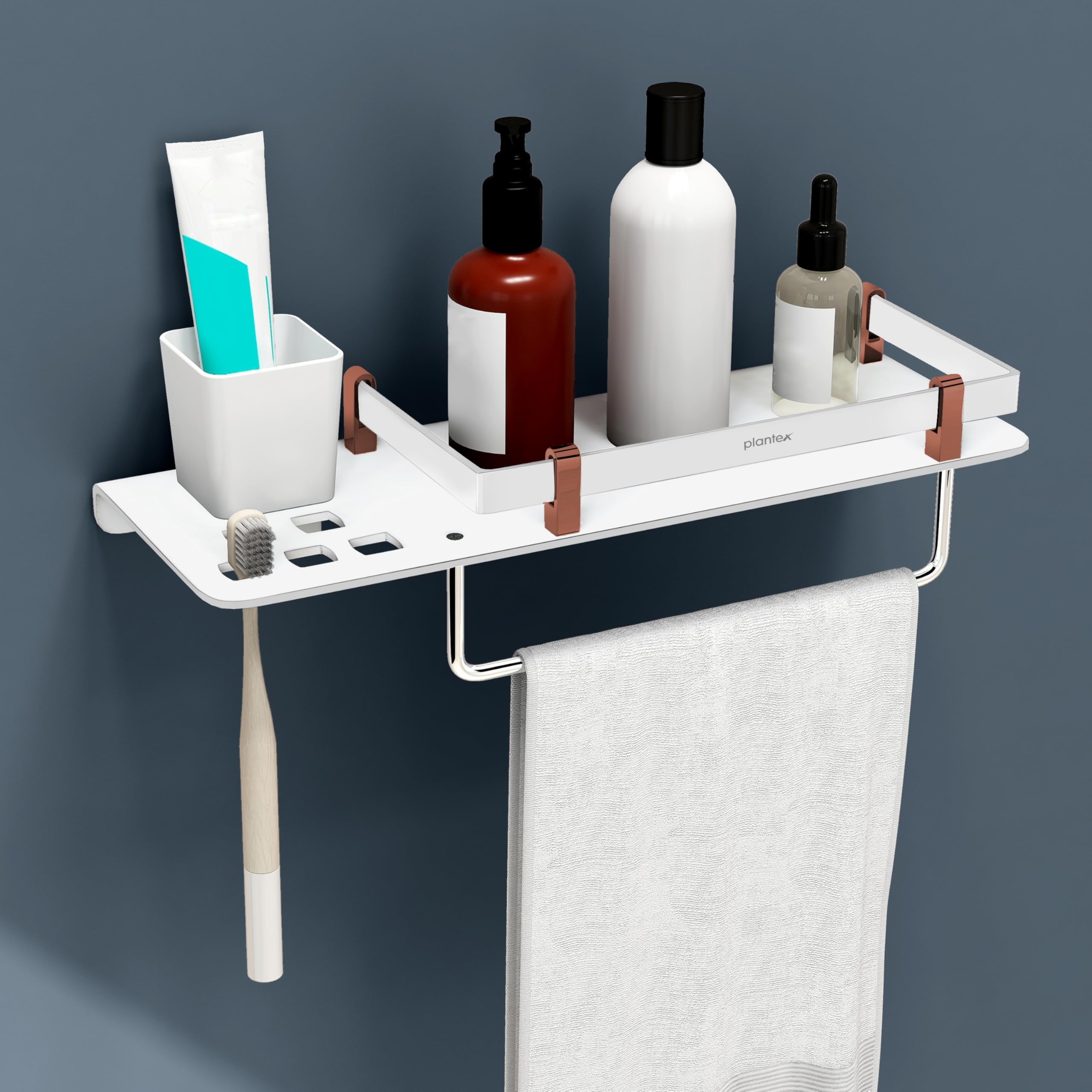 Plantex 5mm Acrylic and ABS Plastic 3 in 1 Multipurpose Bathroom Shelf/Rack/Towel Hanger/Tumbler Holder/Bathroom Accessories (15 x 5 Inches) - Pack of 1