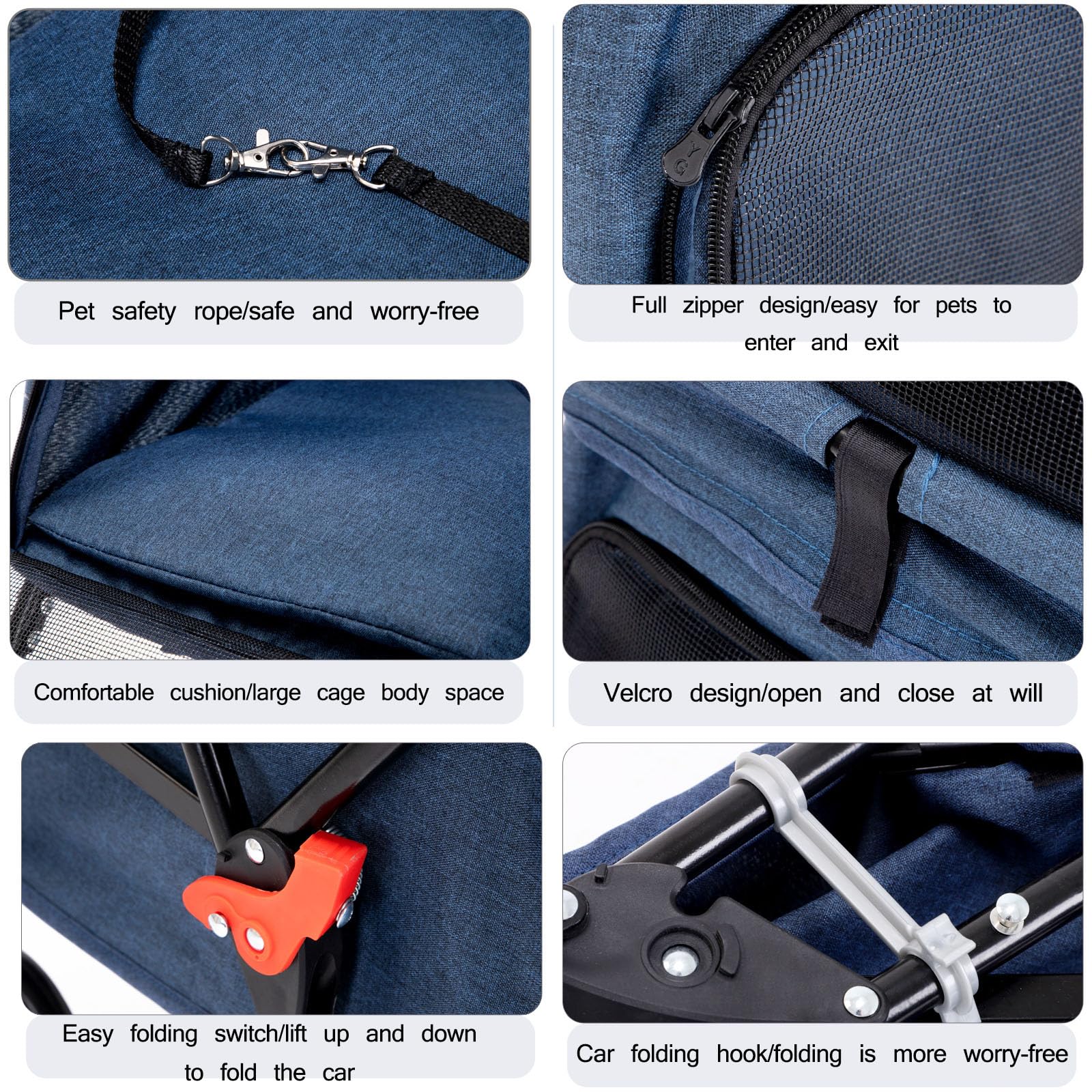 Passeggino da Jogging Pieghevole Traspirante, Passeggino da Viaggio per Cuccioli con Ruote robuste girevoli a 360°, Borsa portaoggetti Posteriore e Rete visibile,Blu