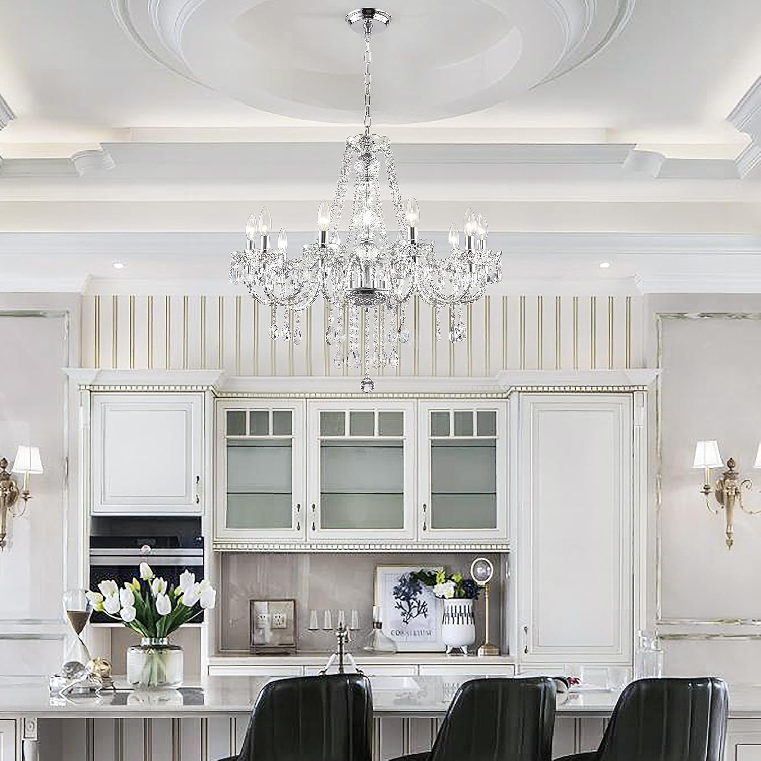 PAPAYA Crystal Chandeliers Clear Chandelier 25 * 27.5in 10-Light Modern Pendant Ceiling Lighting Fixture with Acrylic Crystals & Beads for Girls Room,Living Room,Kitchen Island,Entryway