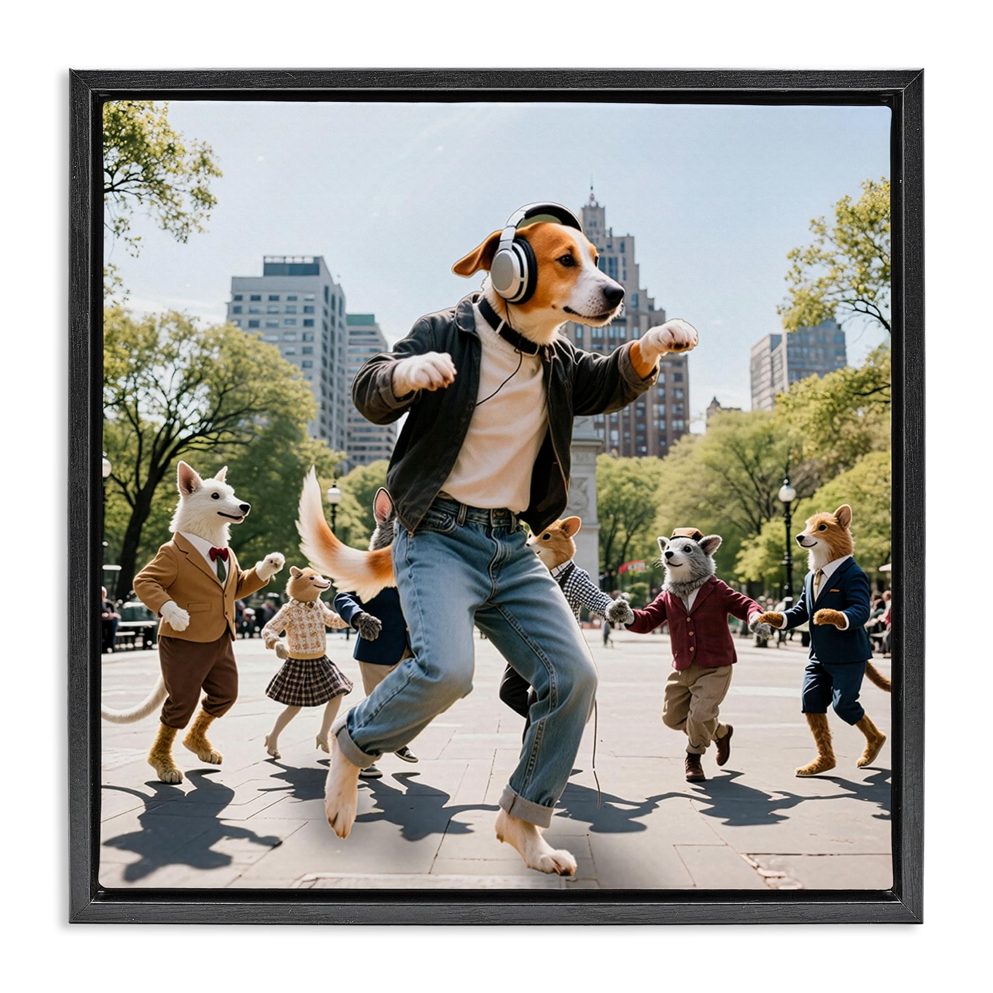Stupell Industries Jet Black (Matte) 'Stylish Dog Dancing In Park'| Floating Frame Canvas Art