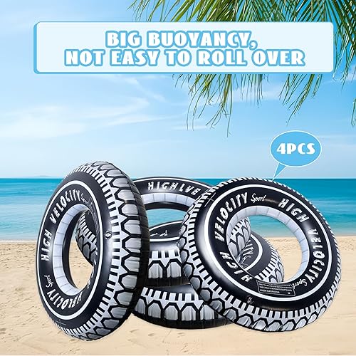 Miniatura 3 de Paquete de 4 flotadores inflables de piscina para adultos, tubos gigantes de neumáticos de 32 pulgadas, neumáticos de anillo de natación, decoración