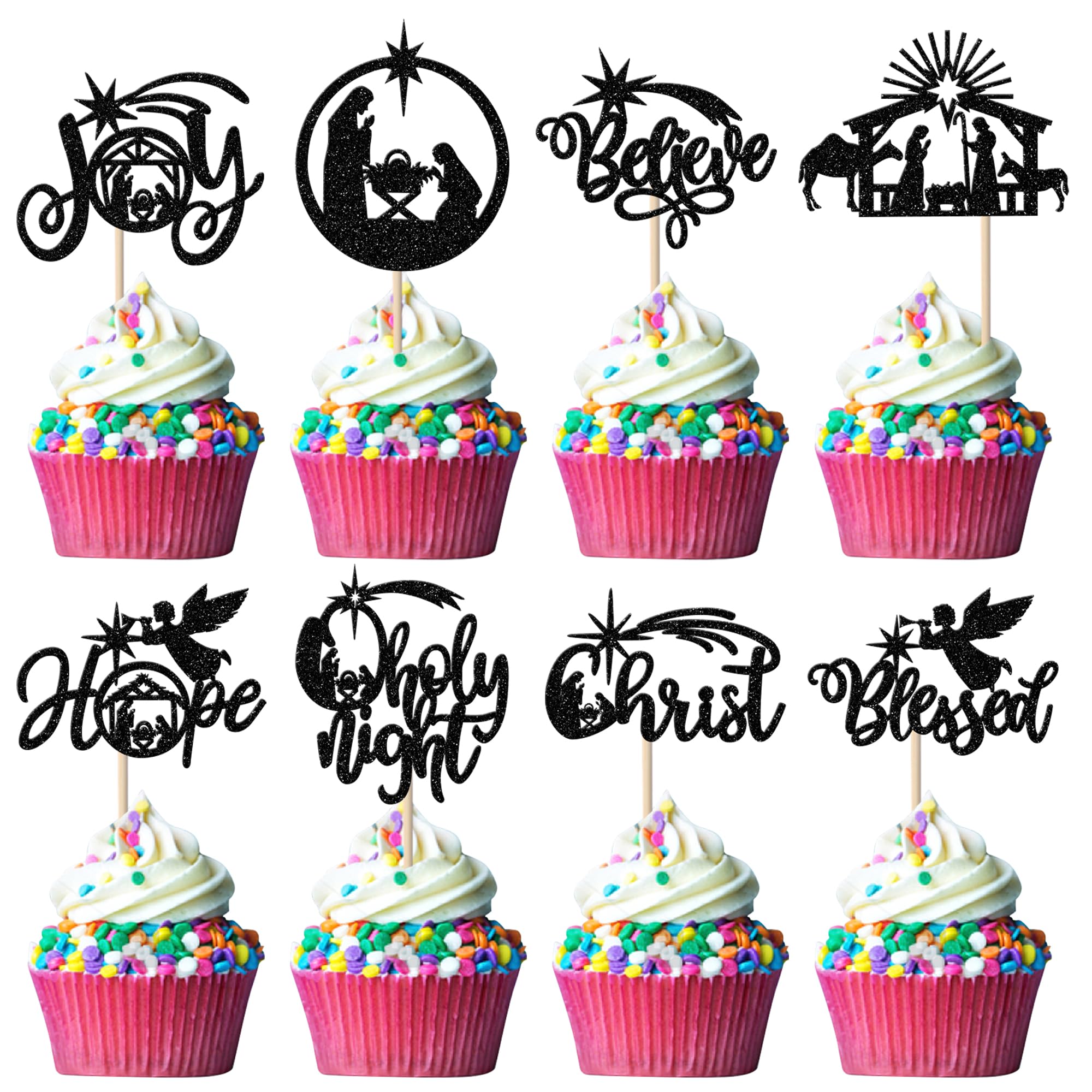 Xsstarmi 24 Pack Christmas Jesus Cupcake Toppers Glitter Holy Night Blessed Hope Believe Jesus Birthday Cupcake Picks for Nativity Scene Religion Christmas Party Cake Decorations Black