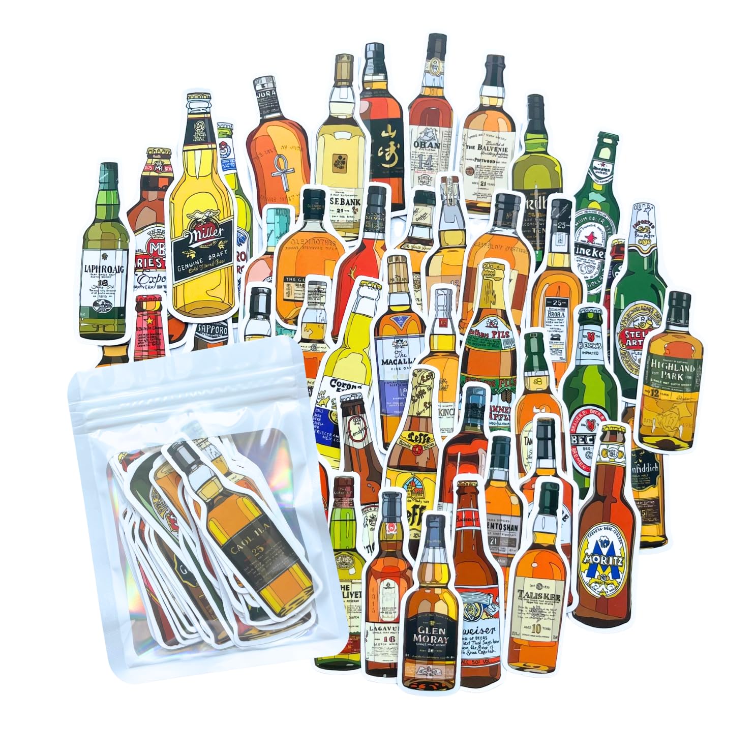 HNTR® Beer Bottle Stickers | 50 Craft Beer & Whiskey Stickers for Adults | Fun Bar & Gift Stickers for Men, Scrapbooks & Laptops