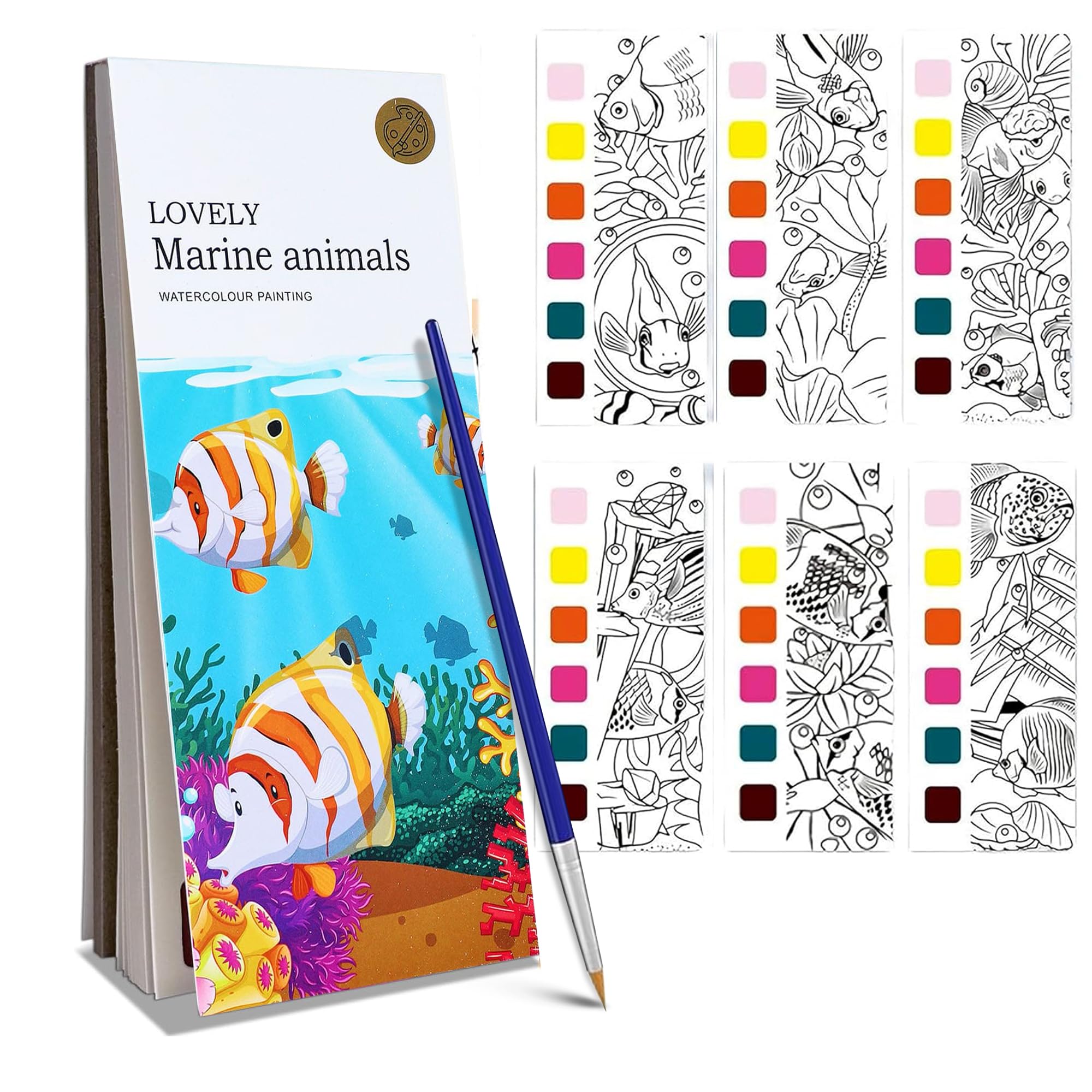 Pocket Watercolor Books for Babies, Painting Book Fish Theme with 20 Sheets, 1 Brush, Mini Water Color Book, Educational Montessori Toy, Gift for 0-3 Years, Boys & Girls, Art Travel Activity