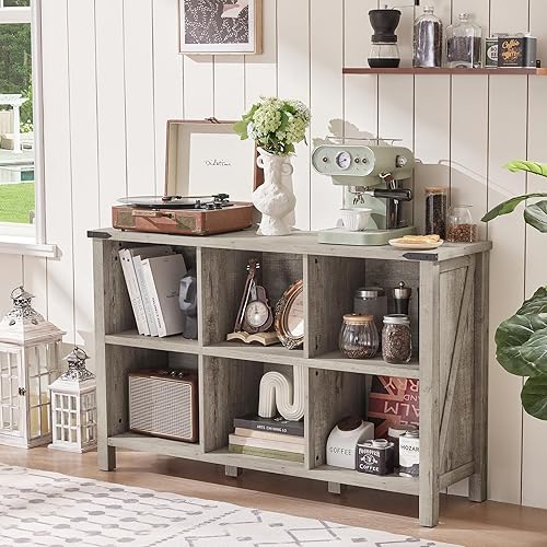 Miniatura 7 de Estantería rústica de 6 cubos, estante organizador de madera de roble gris rústico, estantería de pasillo de 47 pulgadas, gabinete de almacenamiento