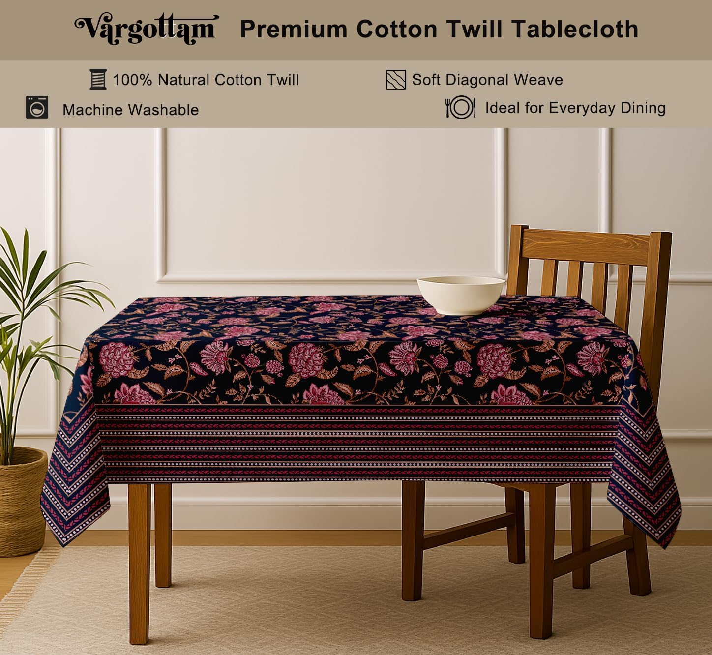 Floral Design Tablecloth- Blue 60x60 Inch Cotton Twill Dining Table Cover, Perfect for 4 Seater Tables, Durable, Protective & Washable, Ideal for Everyday Use, Festive Occasions & Gatherings