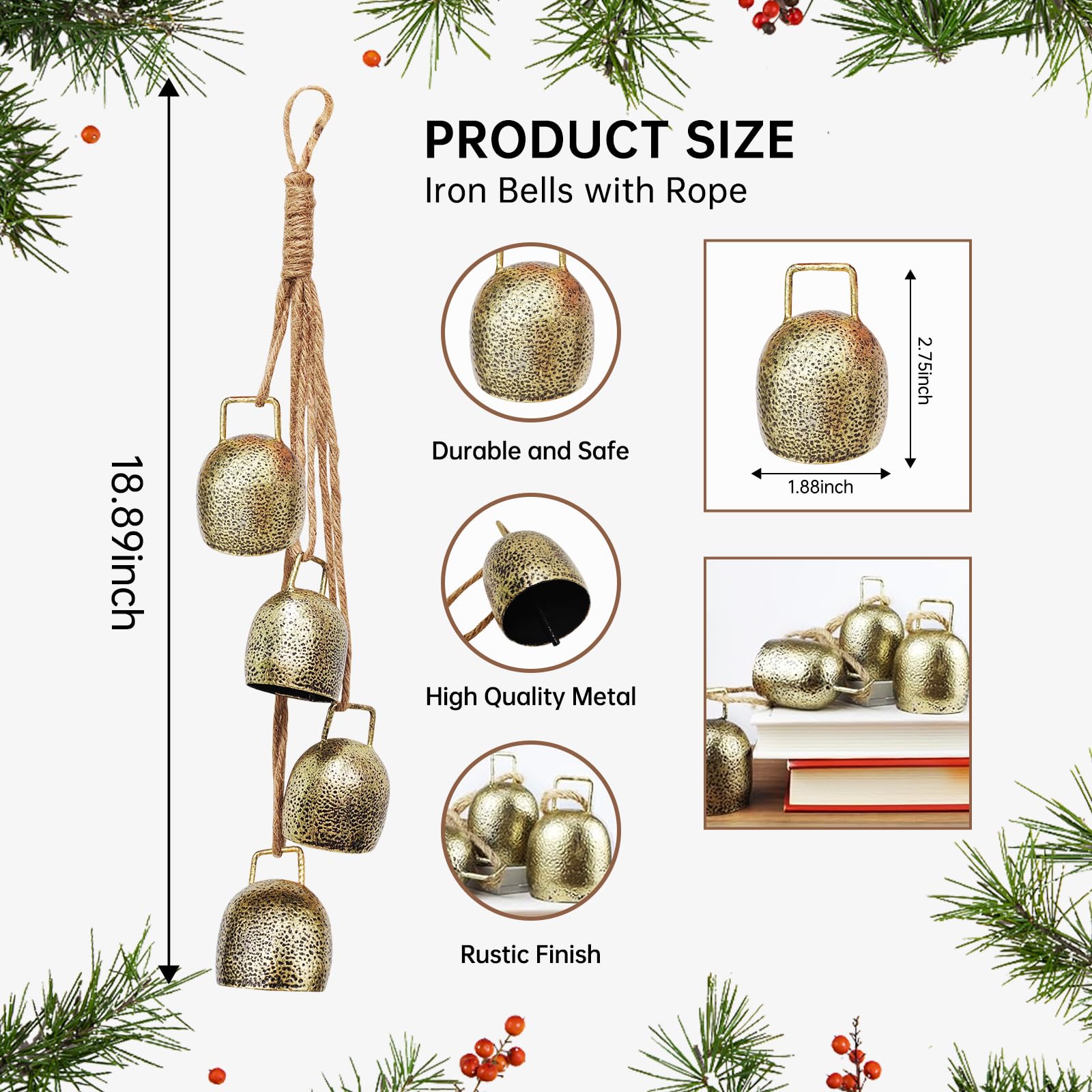 Gold Brass Hanging Bells with Jute Rope - Vintage Cow Bells for Christmas Tree, Wreath & Party Decorations