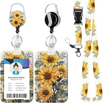 Sunflower ID Badge Holder with Lanyards, Detachable Lanyards for ID Badges, Retractable Badge Reel with Heavy Duty Clip for Nurse Teacher Office Staff Student