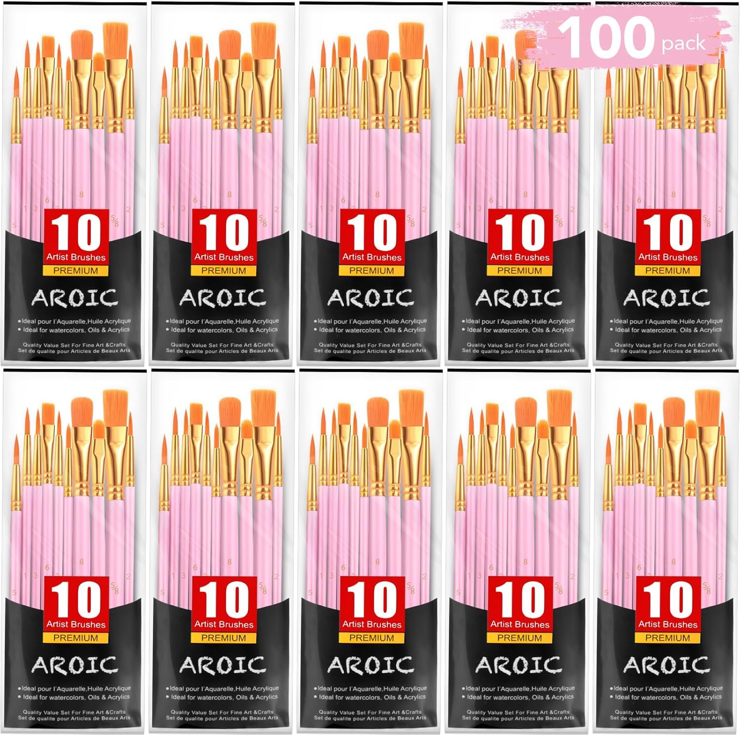 AROIC Painting Brushes Set, 10 Packs /100 Pieces, Nylon Brush Head, Suitable for Oil and Watercolor, Perfect Suit of Art Painting, Best Present for
