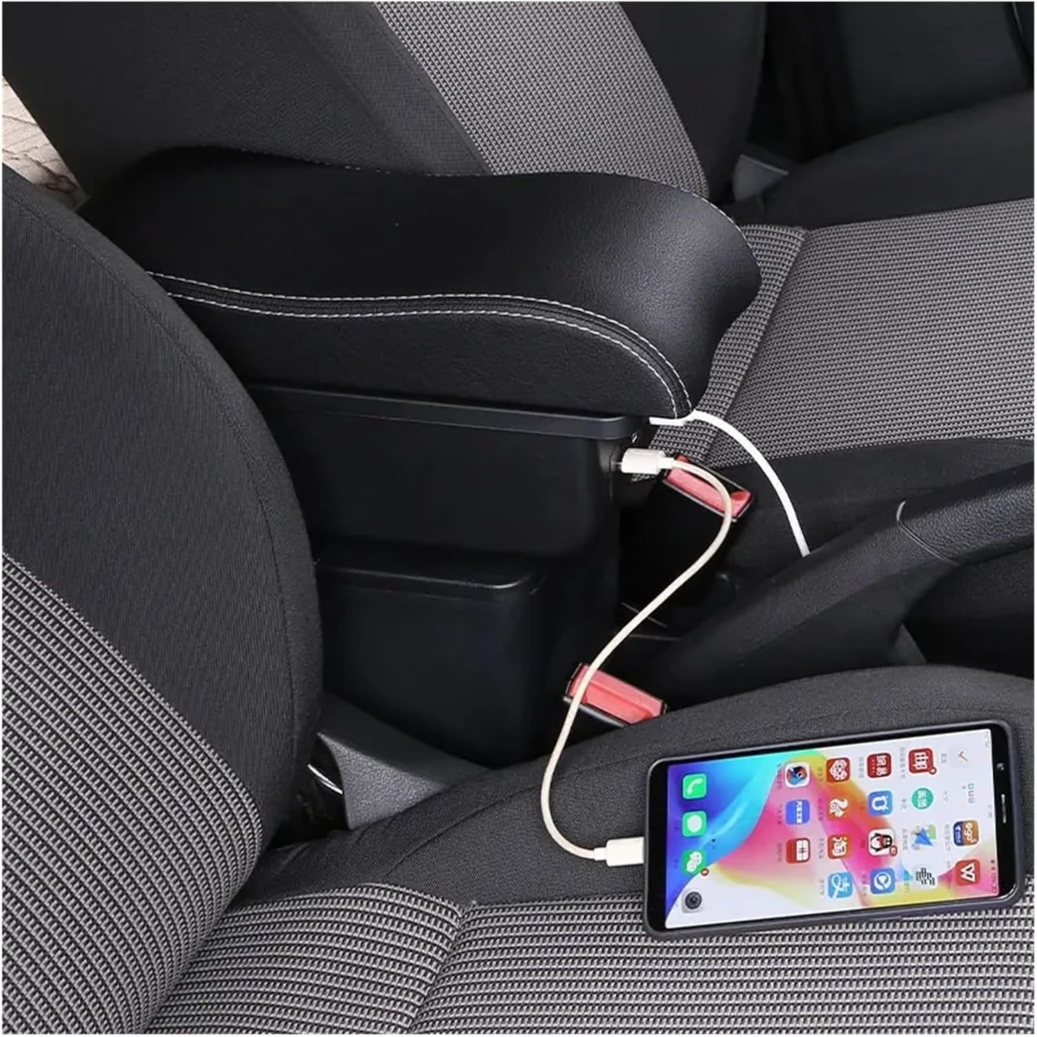 Center Console Organizer Compatible for Kia K3 Leather Double Layer Storage Box Multi-Function Console Catcher 2023(B2 Black line 3 U SB)