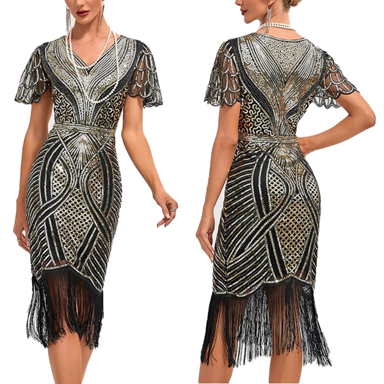 Generisch Robe rétro des années 1920 pour femme - Avec deux couches de pompons - Robe de soirée Charleston avec paillettes et col en V - Robe de soirée à thème des années 20