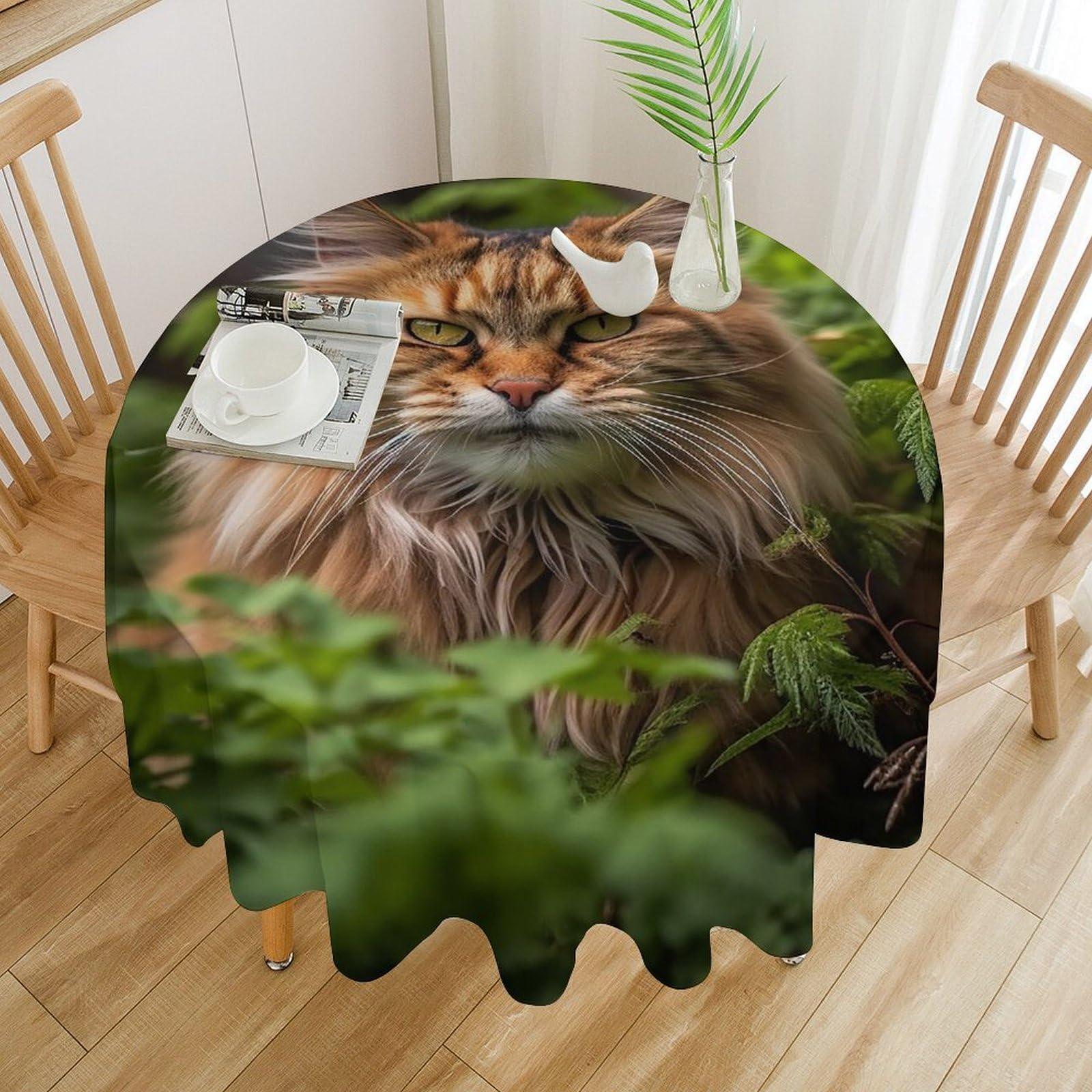 Nappe ronde imperméable motif chat vert dans l'herbe pour table de salle à manger
