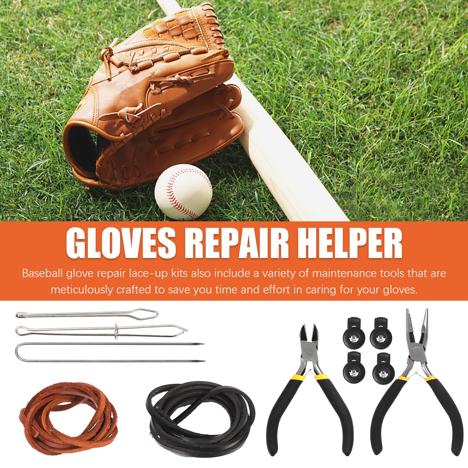 Tanstic Kit d'entretien de gants de baseball, gants de baseball, gants de baseball, 13 pièces, comprend des bandes en cuir, un enfile-cordon de serrage en dentelle pour gants de baseball, des serrures