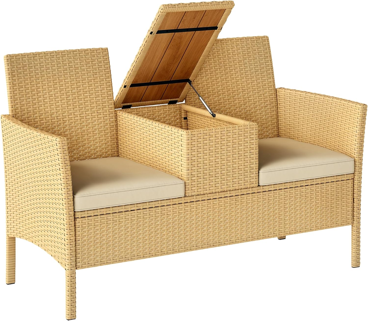 Outsunny Rattan Patio Loveseat with Built-in Flip-Top Coffee Table, Outdoor Wicker Sofa with Cushions and Hidden Storage for Garden, Lawn, Balcony, Backyard, Khaki