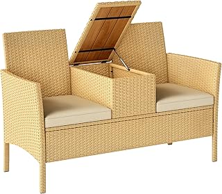 Outsunny Rattan Patio Loveseat with Built-in Flip-Top Coffee Table, Outd...