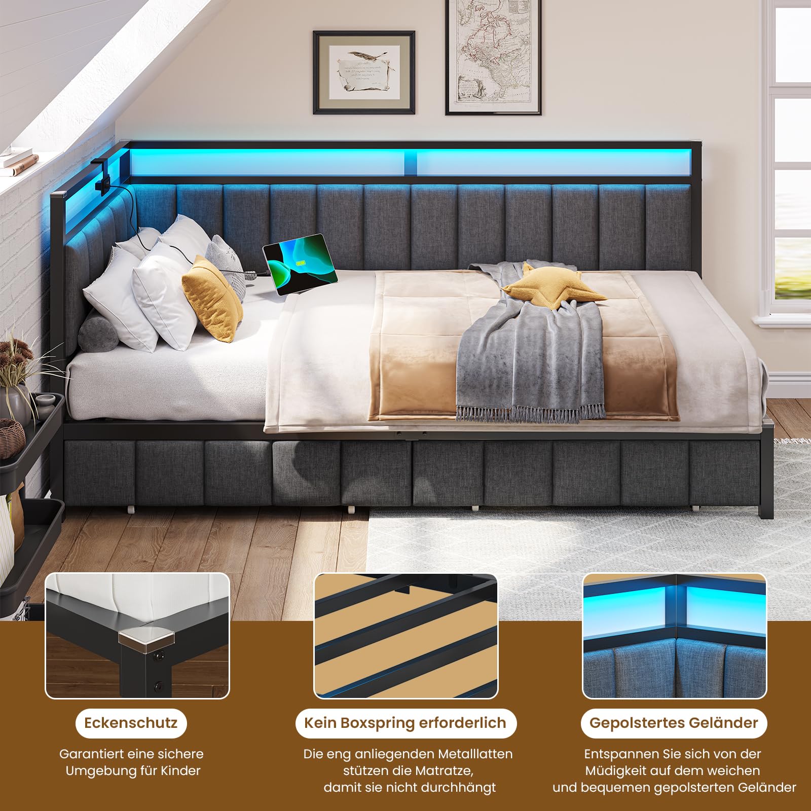 DICTAC Polsterbett Schlafsofa 90x200 mit LED-Beleuchtung und USB-Ladestation, Jugendbett Tagesbett 90x200 mit Lattenrost aus Metall und 2 Schubladen, Gästebett,Bettgestell - Ohne Matratze,Dunkelgrau