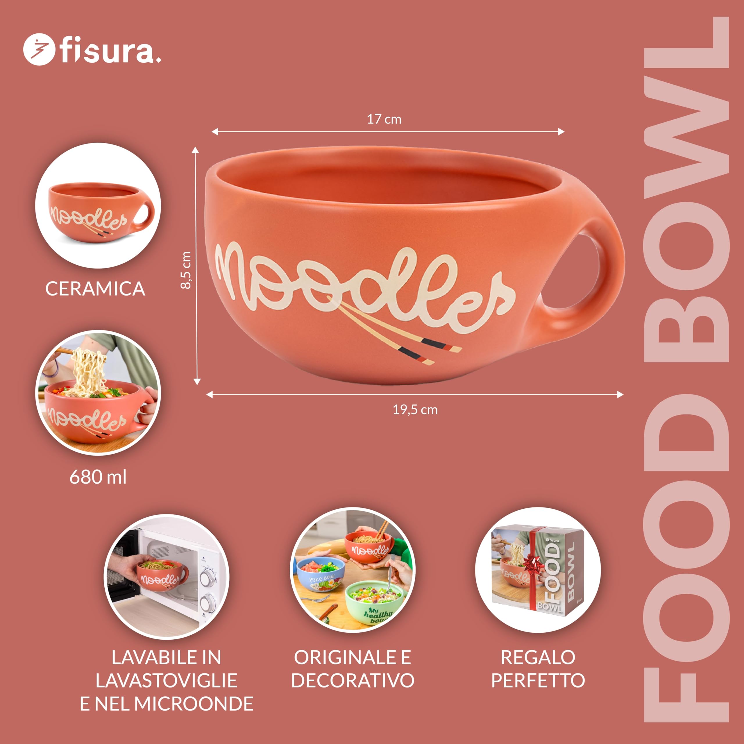Fisura – Ciotola ramen Noodles. Ciotola giapponese originale per ramen. Scodella in ceramica 680 ml per noodles, Pho, Udon e Soba. 19,5 cm x 8,5 cm