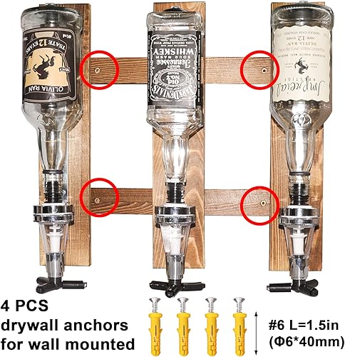 Miniatura 5 de Dispensador de licor montado en la pared de 3 botellas, estante de pared de madera para bar en casa, dispensador de bebidas de vidrio para fiestas