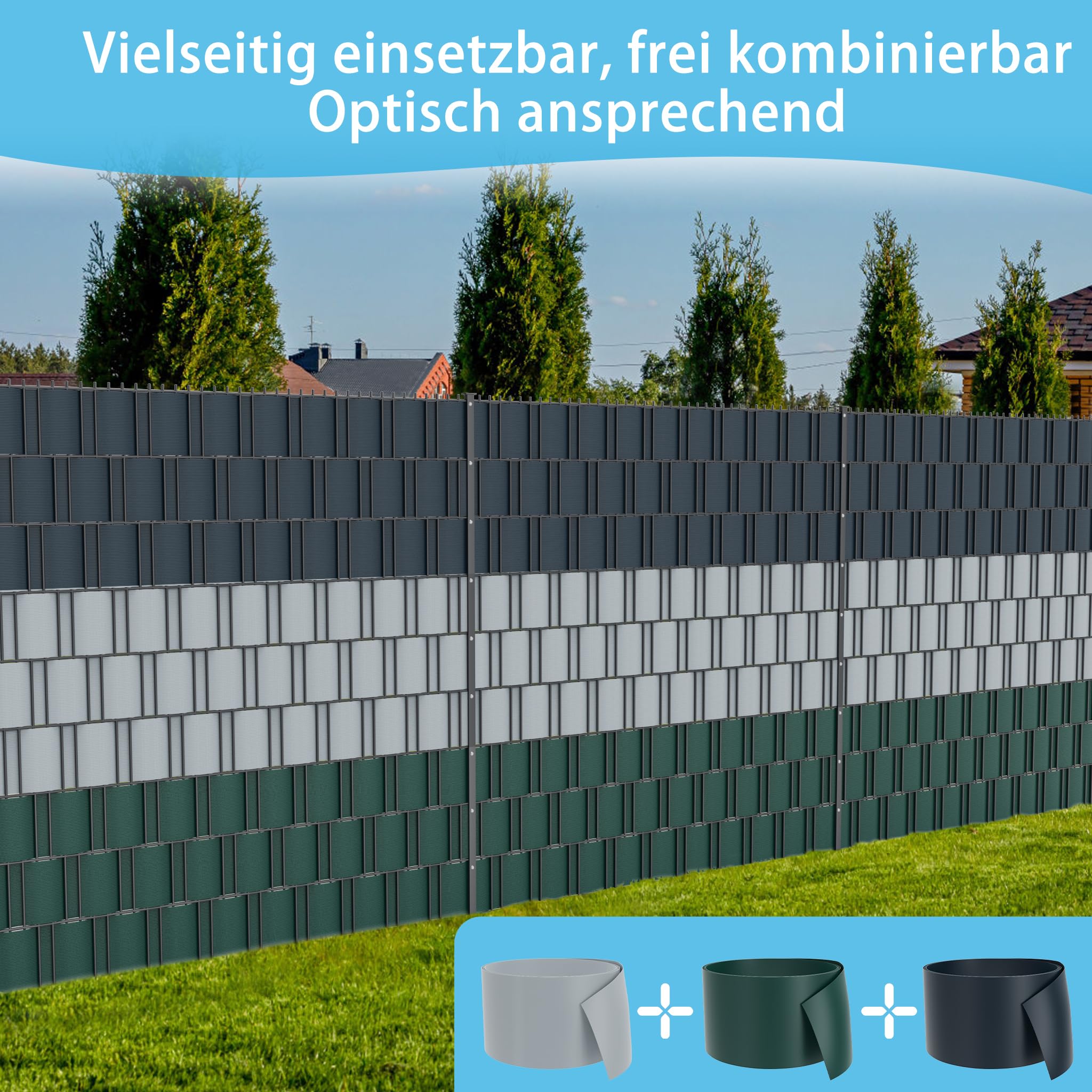 XMTECH Sichtschutzstreifen Hart-PVC Doppelstabmatten 2,5m 30 Stück Grau | Schützt vor Blicken und Sonne, UV-beständig sowie wetterfest für Garten, Balkon und Terrasse im Außenbereich