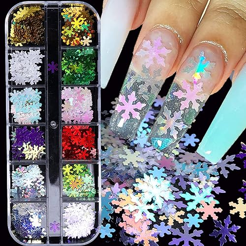 Snowflake Glitter Nail Sequins - 12 Grids 3D Colorful Christmas