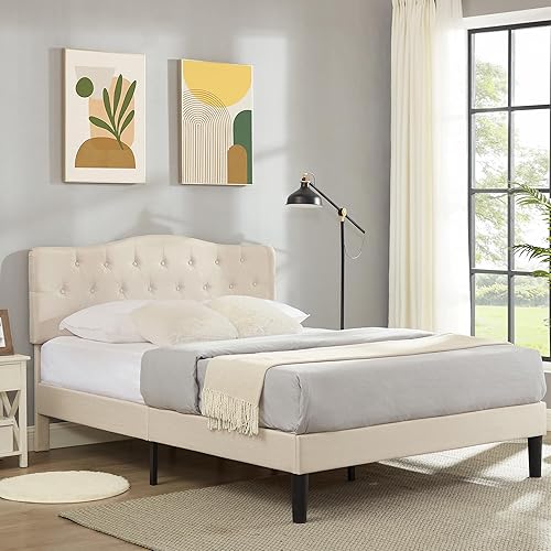 VECELO Base de cama Queen con plataforma tapizada con cabecera ajustable copetudabase de colchón, color beige miel