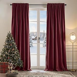 Nemia Burgundy Velvet Curtains Thermal Insulated Blackout Curtain for Be...