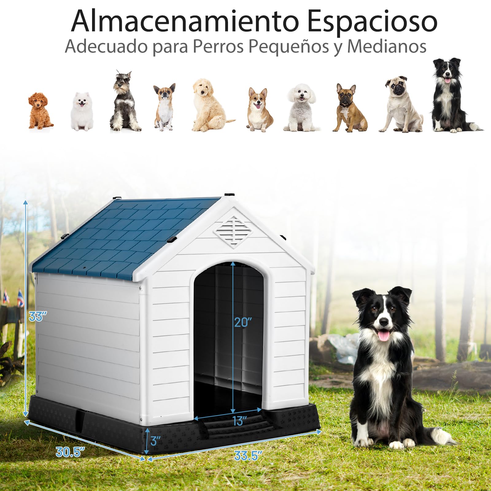 GYMAX Casa Perro, Caseta para Perros Exterior para Pequeños y Medianos, 72,5 x 66 x 70,5 cm con Suelo Elevado, Sistema de Ventilación y Estacas de Anclaje, Blanco + Azul